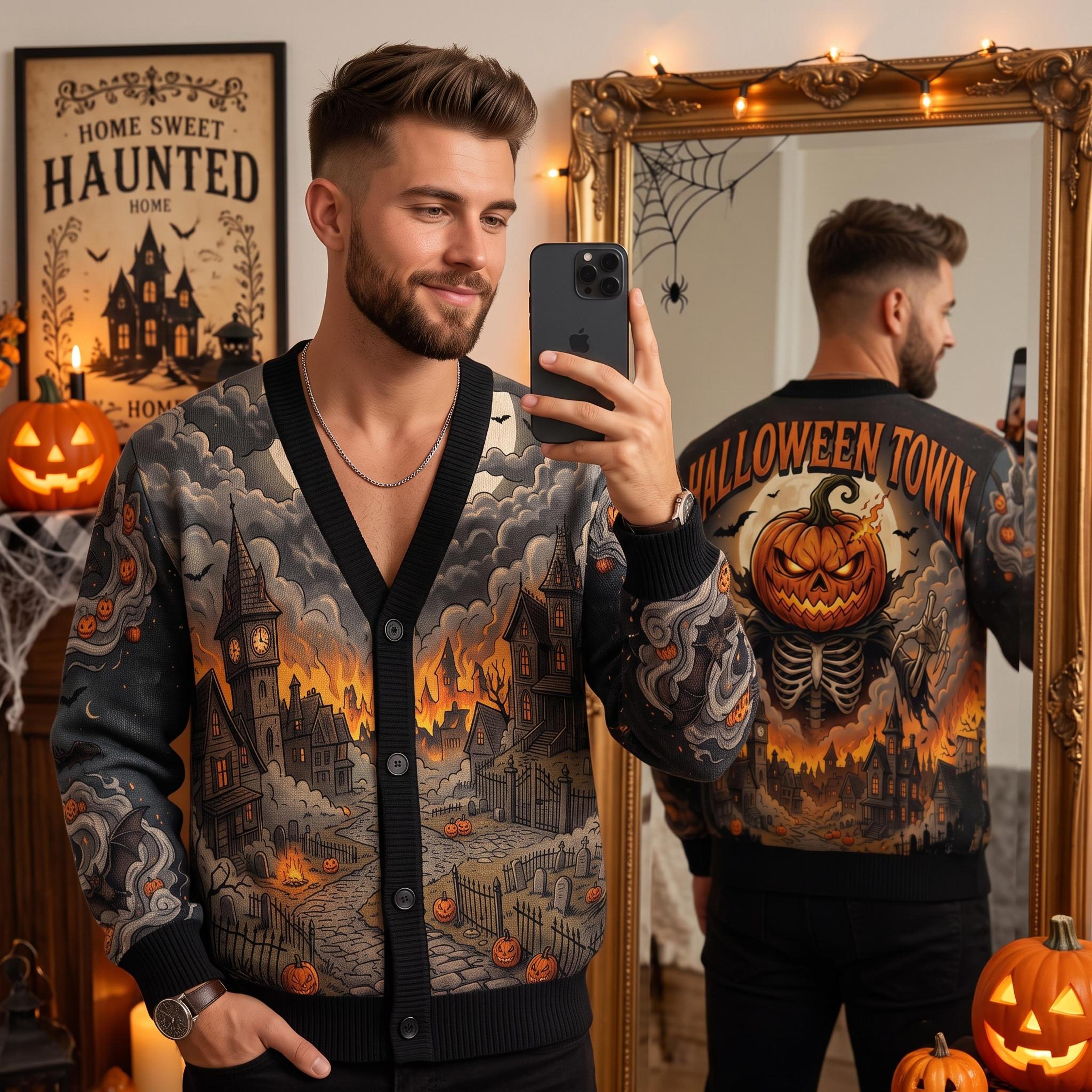 halloween town cardigan, unisex adult haunted village pumpkin skeleton printed spooky halloween cardigan