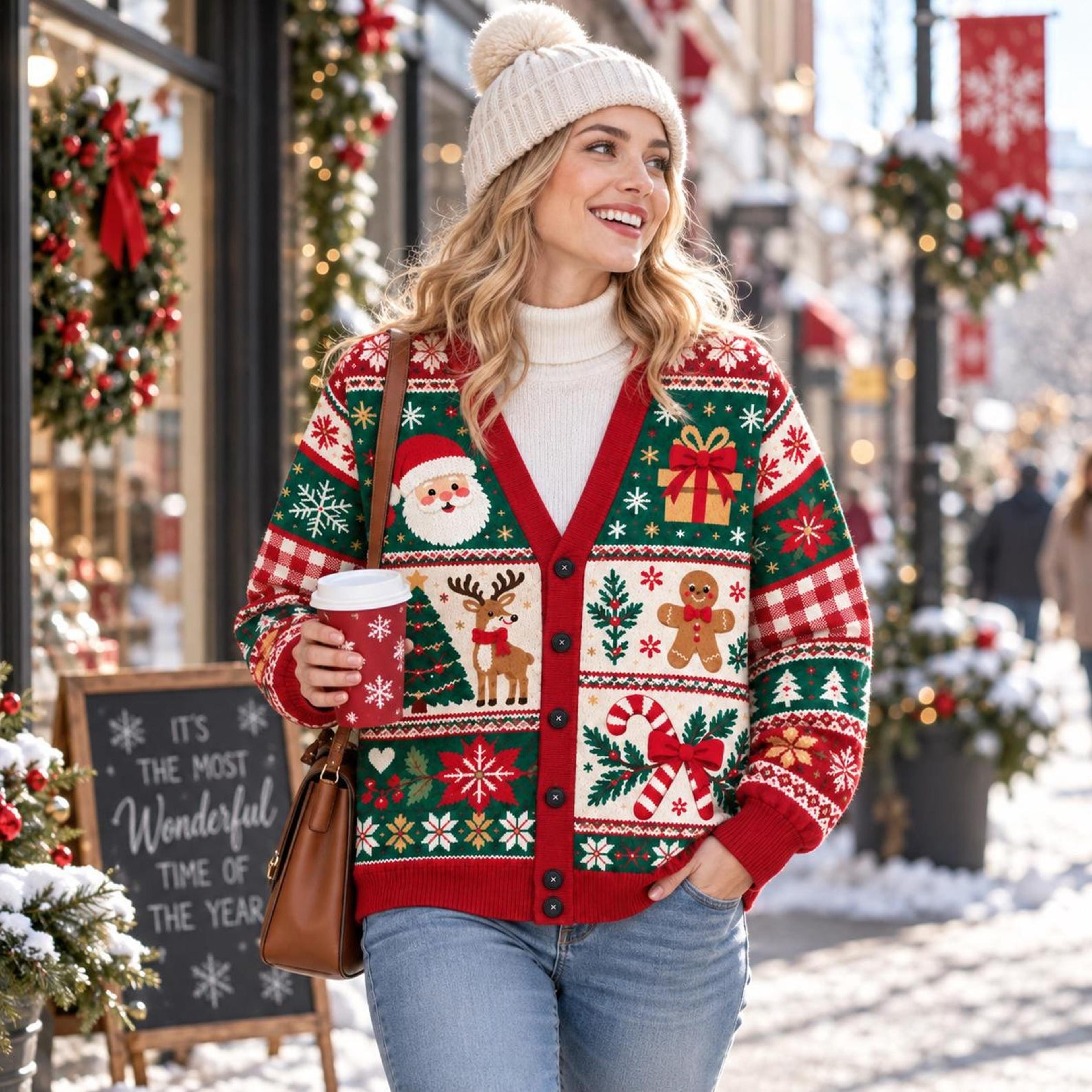christmas santa cardigan, unisex adult holiday printed cardigan, reindeer gingerbread candy cane festive sweater