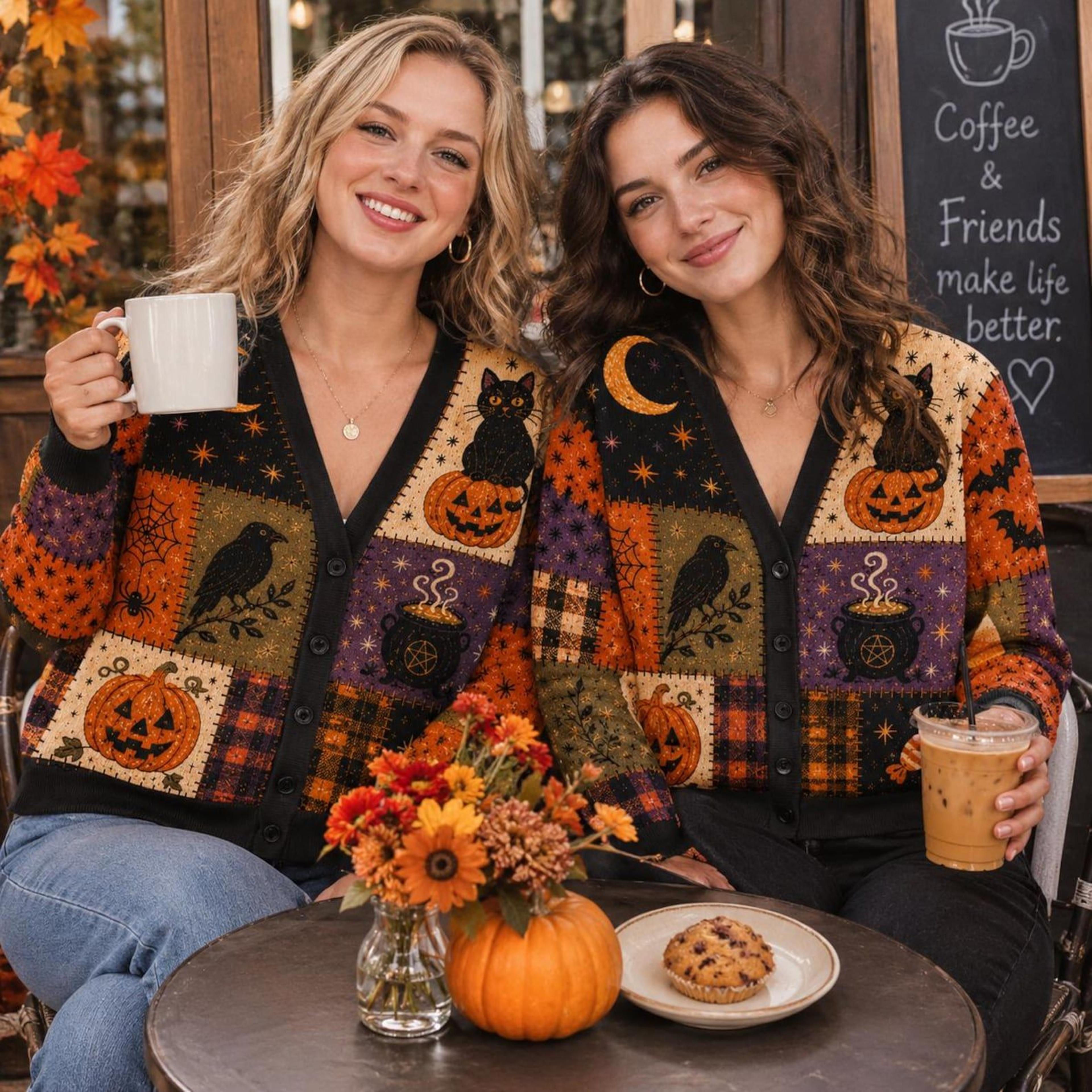halloween patchwork cardigan, unisex adult black cat pumpkin printed cardigan, witchy raven spooky fall sweater