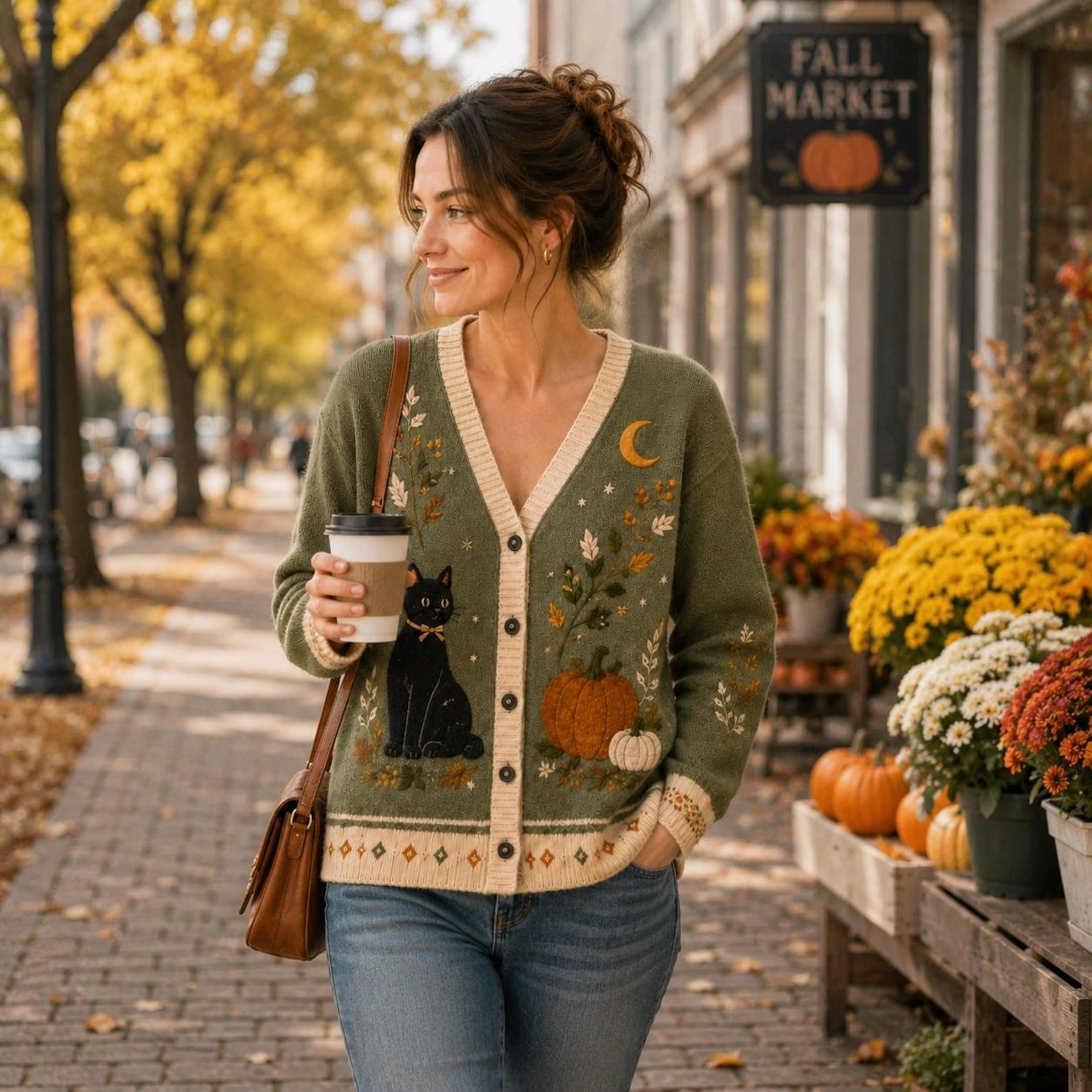 autumn black cat cardigan, unisex adult pumpkin moon printed cardigan, cozy fall botanical halloween sweater