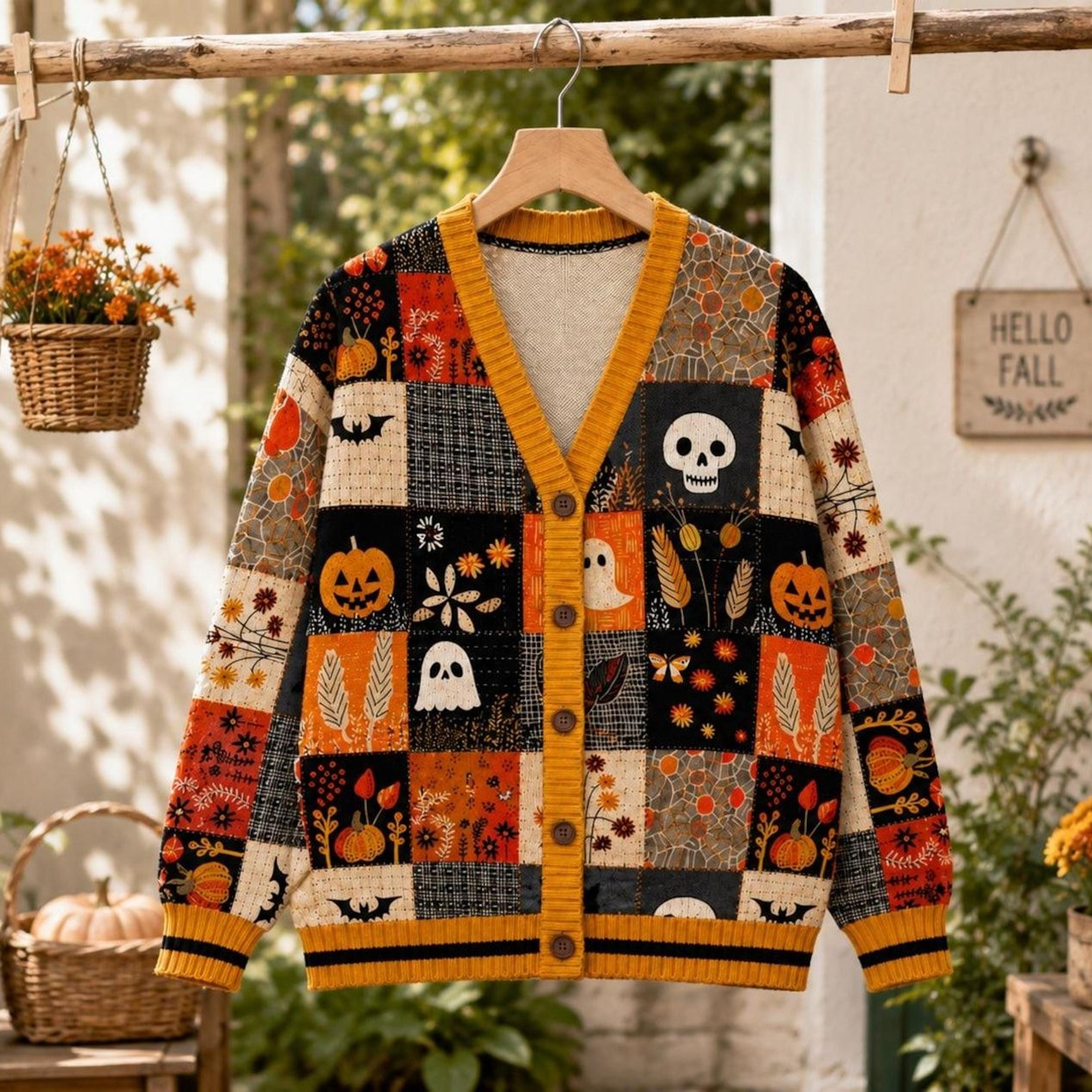 halloween patchwork cardigan, unisex adult ghost pumpkin printed cardigan, retro spooky fall halloween sweater