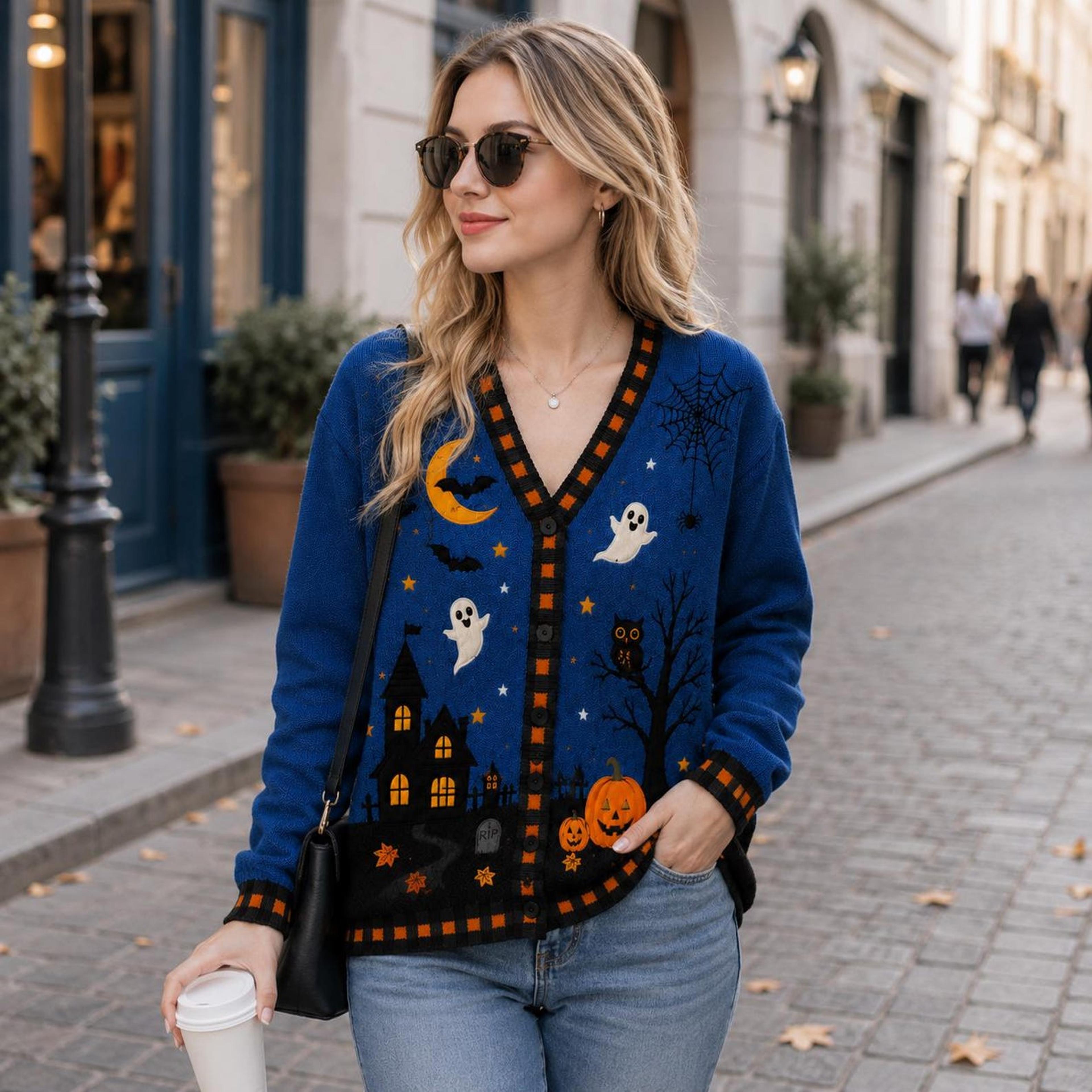 blue halloween cardigan, haunted house ghost pumpkin printed cardigan, unisex adult spooky season fall sweater