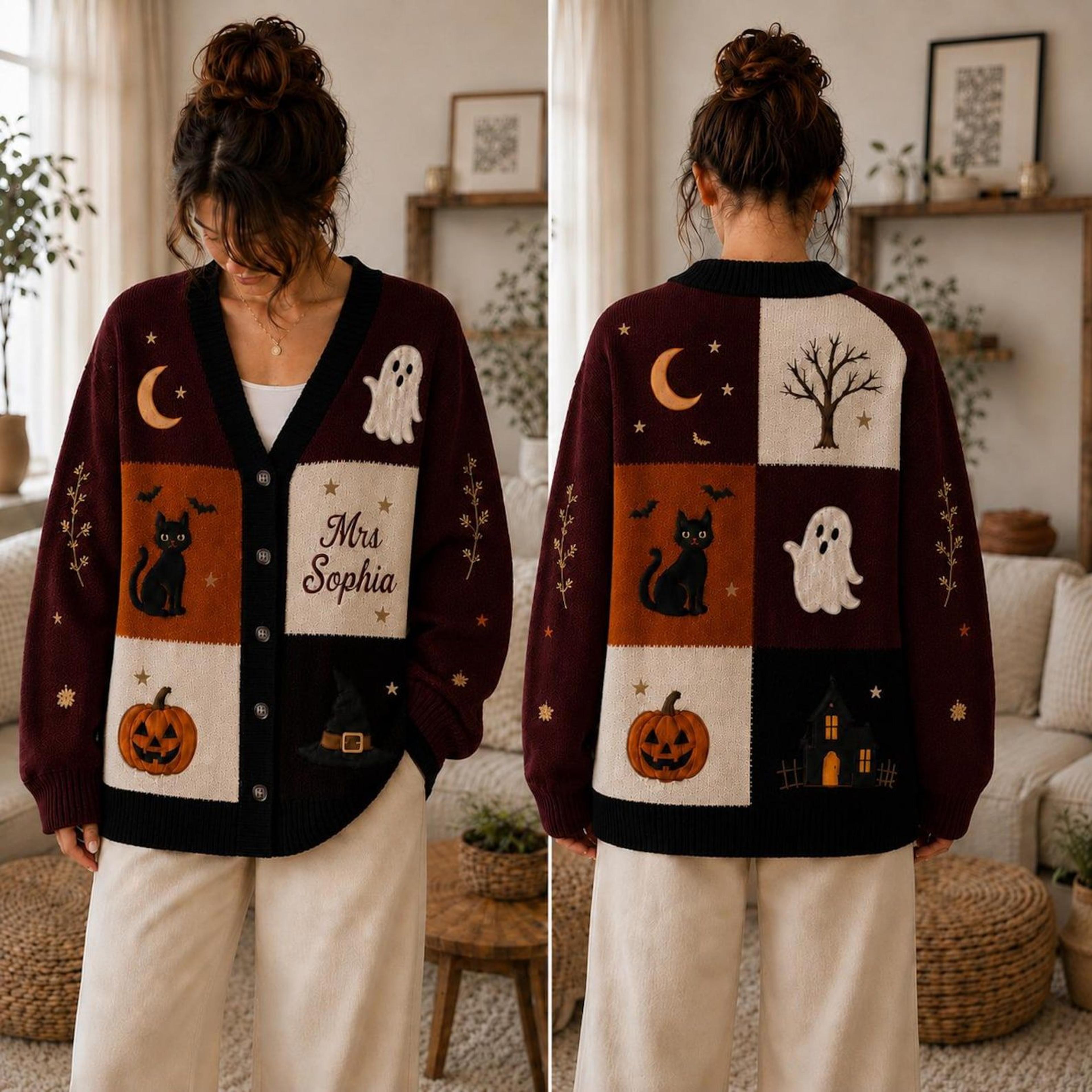 personalized halloween cardigan, custom name ghost black cat pumpkin printed cardigan, unisex adult spooky fall sweater