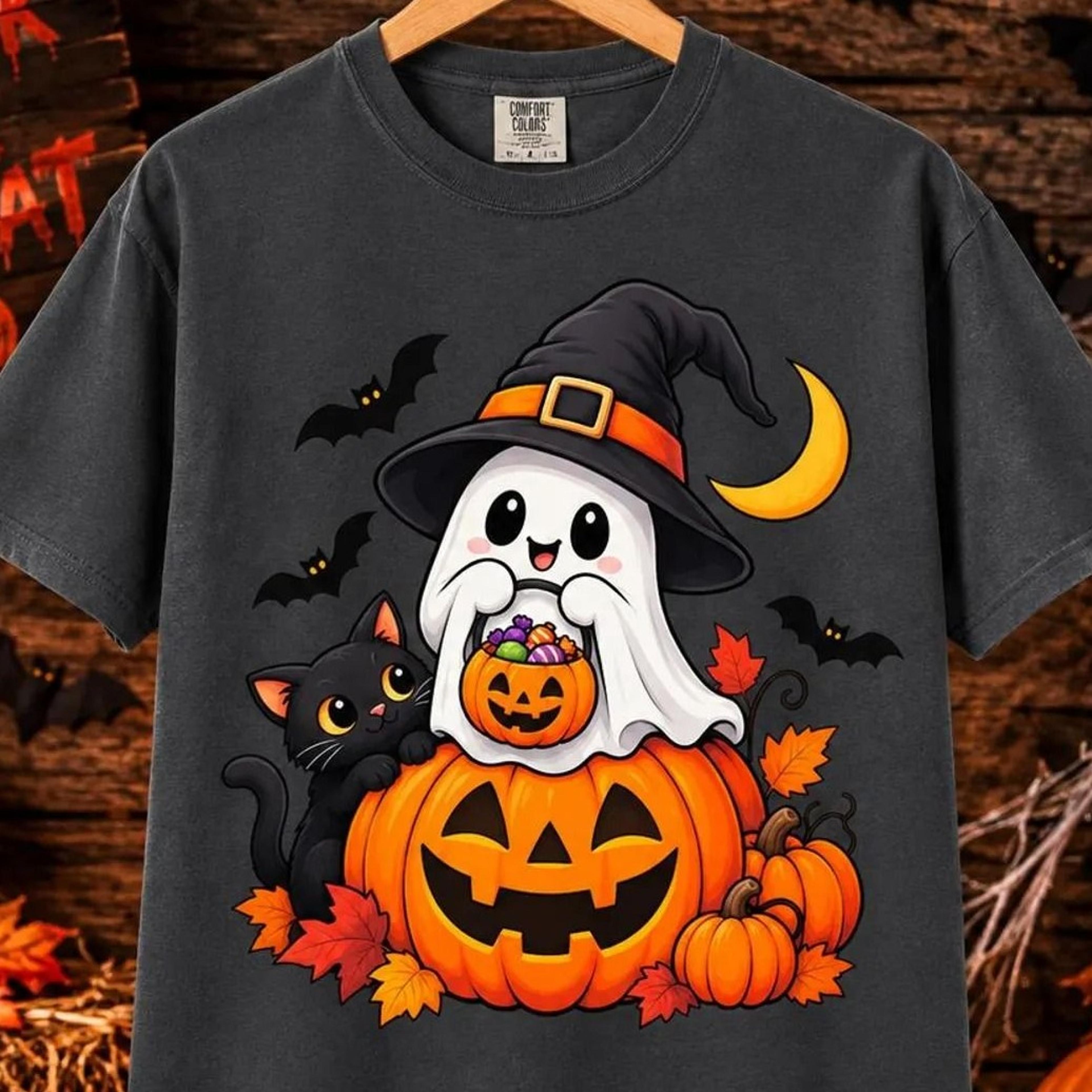 cute ghost witch pumpkin t-shirt, fall halloween cat graphic tee, cozy autumn shirt for women, halloween gift