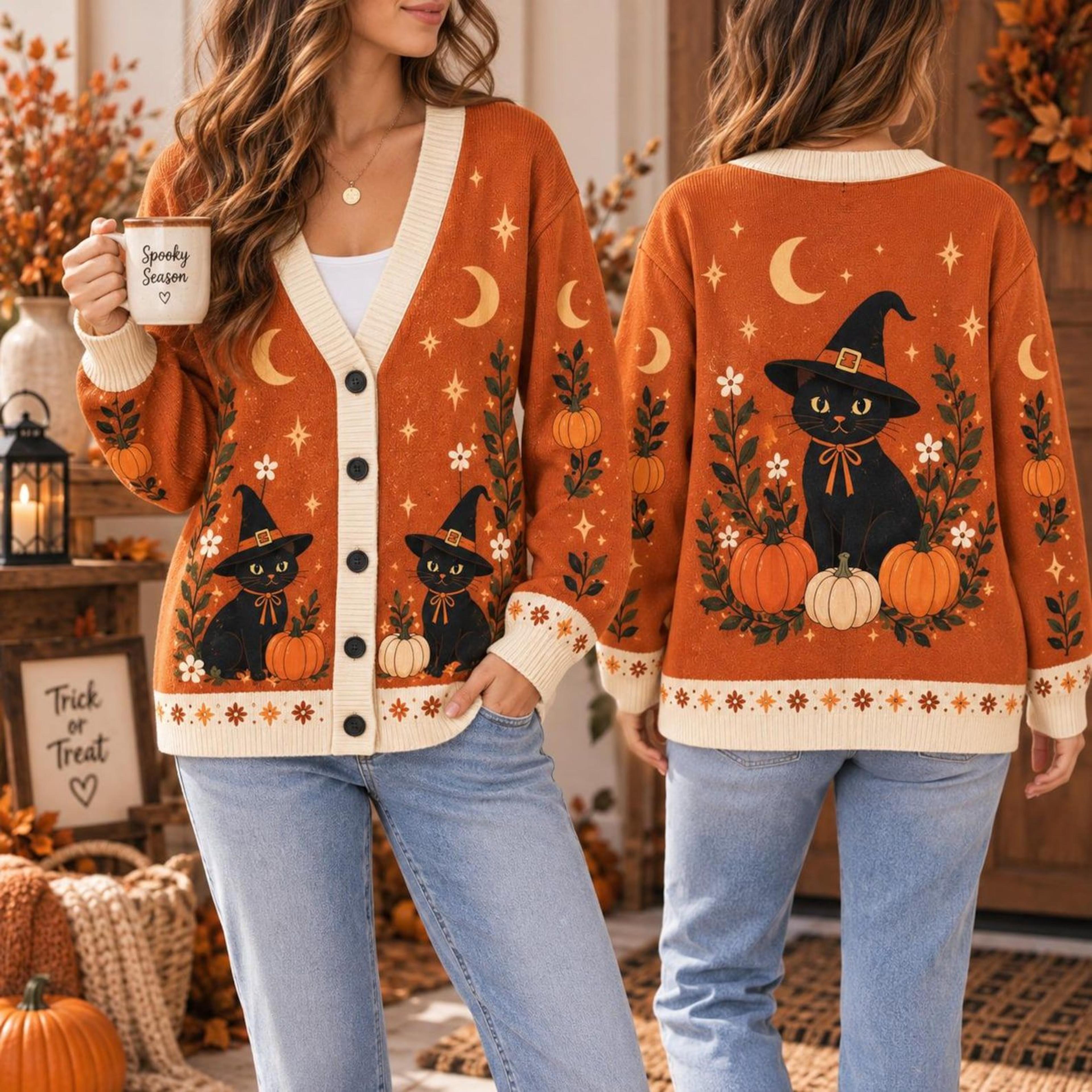 witch black cat pumpkin unisex cardigan, halloween printed sweater, spooky fall outfit, crescent moon cat lover gift