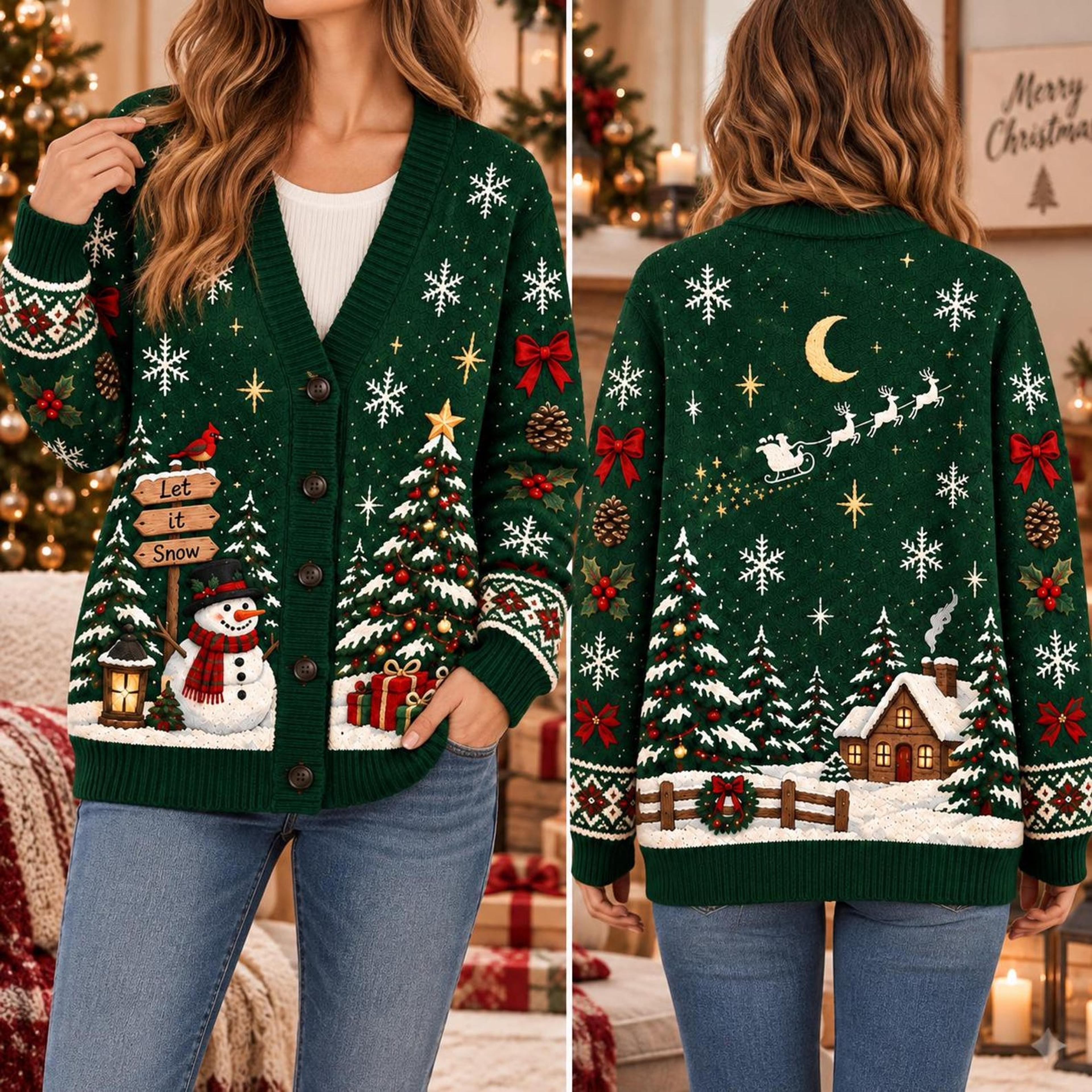 christmas snowman unisex cardigan, santa sleigh printed sweater, snowflake winter outfit, holiday christmas gift