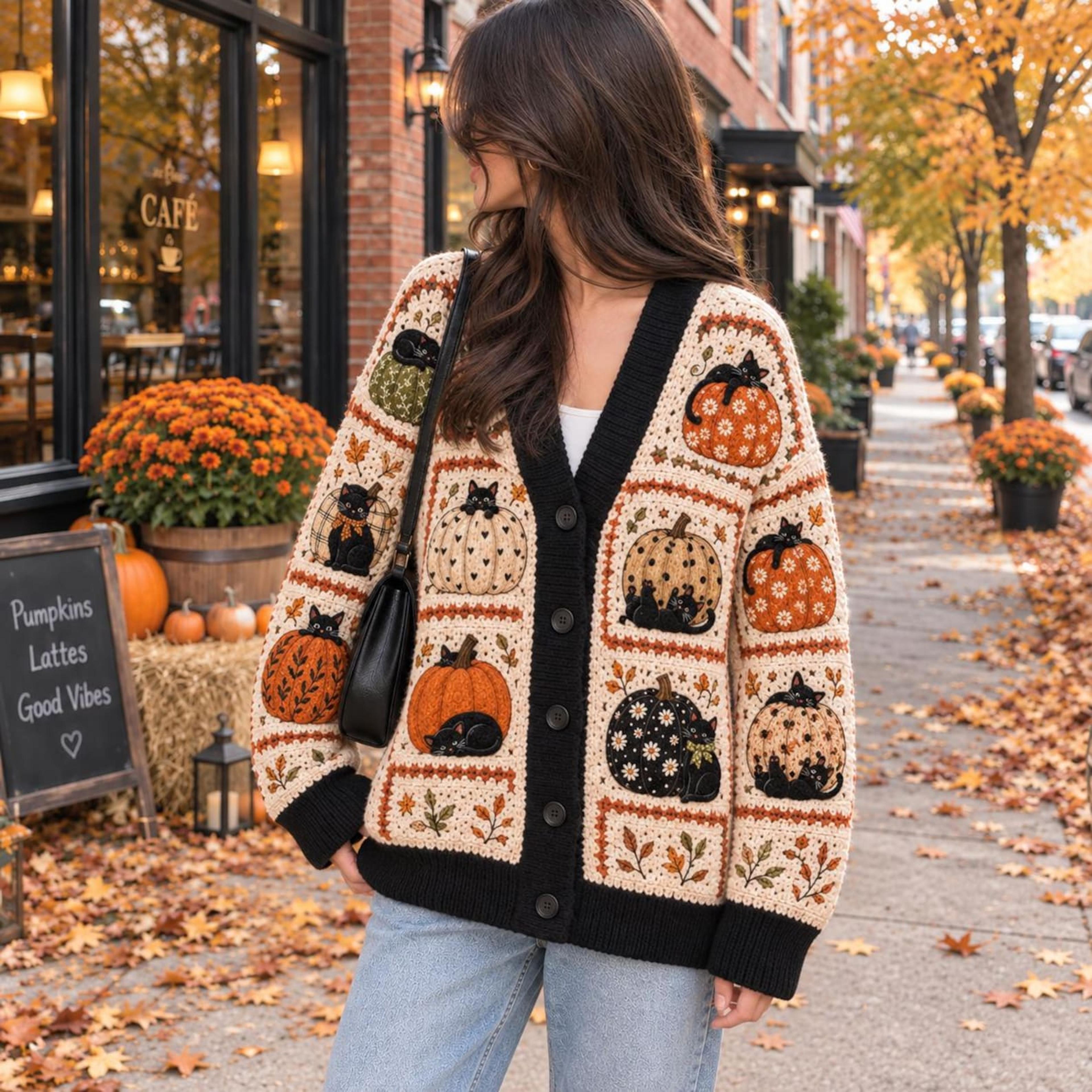 black cat pumpkin unisex cardigan, halloween printed sweater, fall cat outfit, spooky autumn gift, cozy pumpkin cardigan