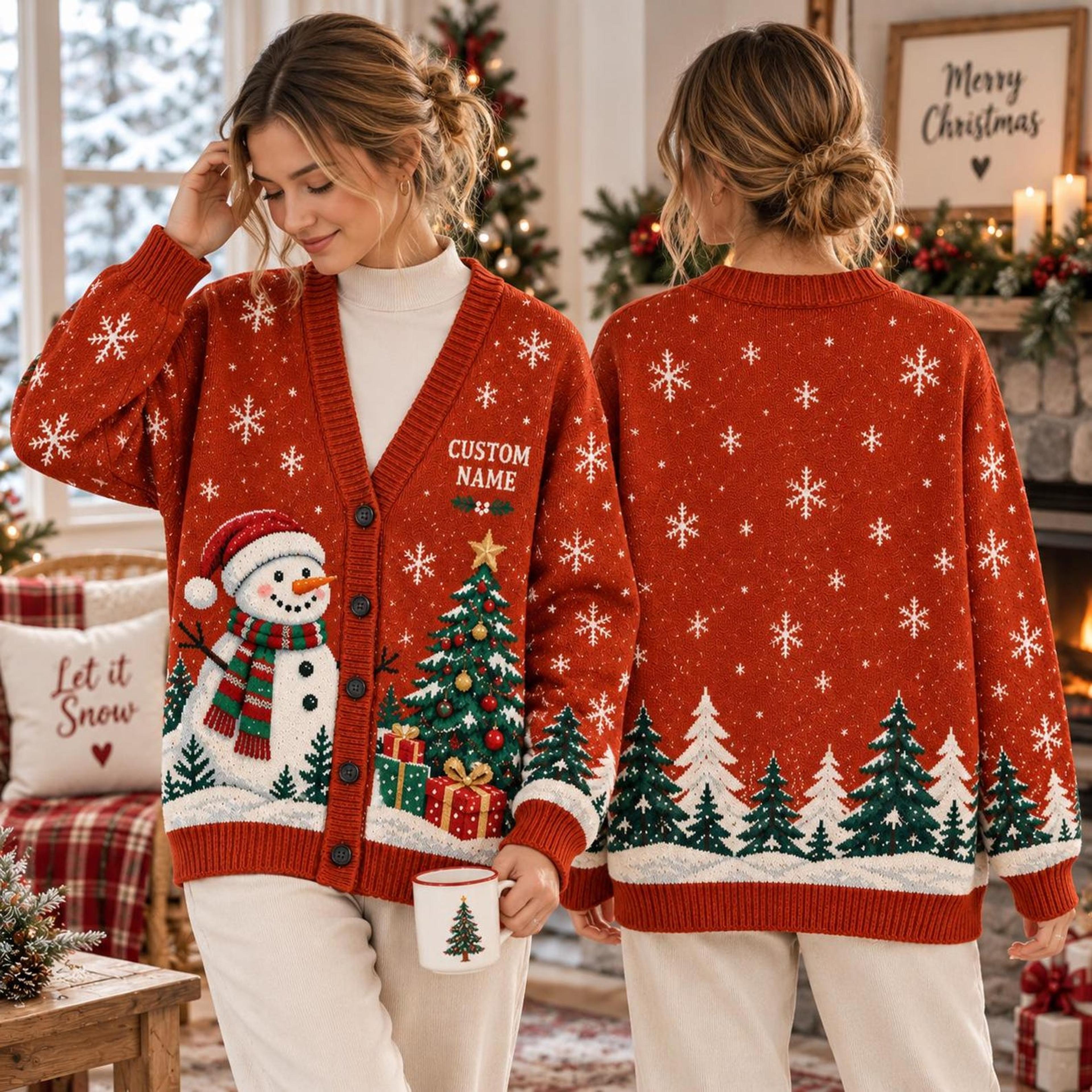 christmas snowman unisex cardigan, snowflake tree printed sweater, holiday winter outfit, cozy christmas gift