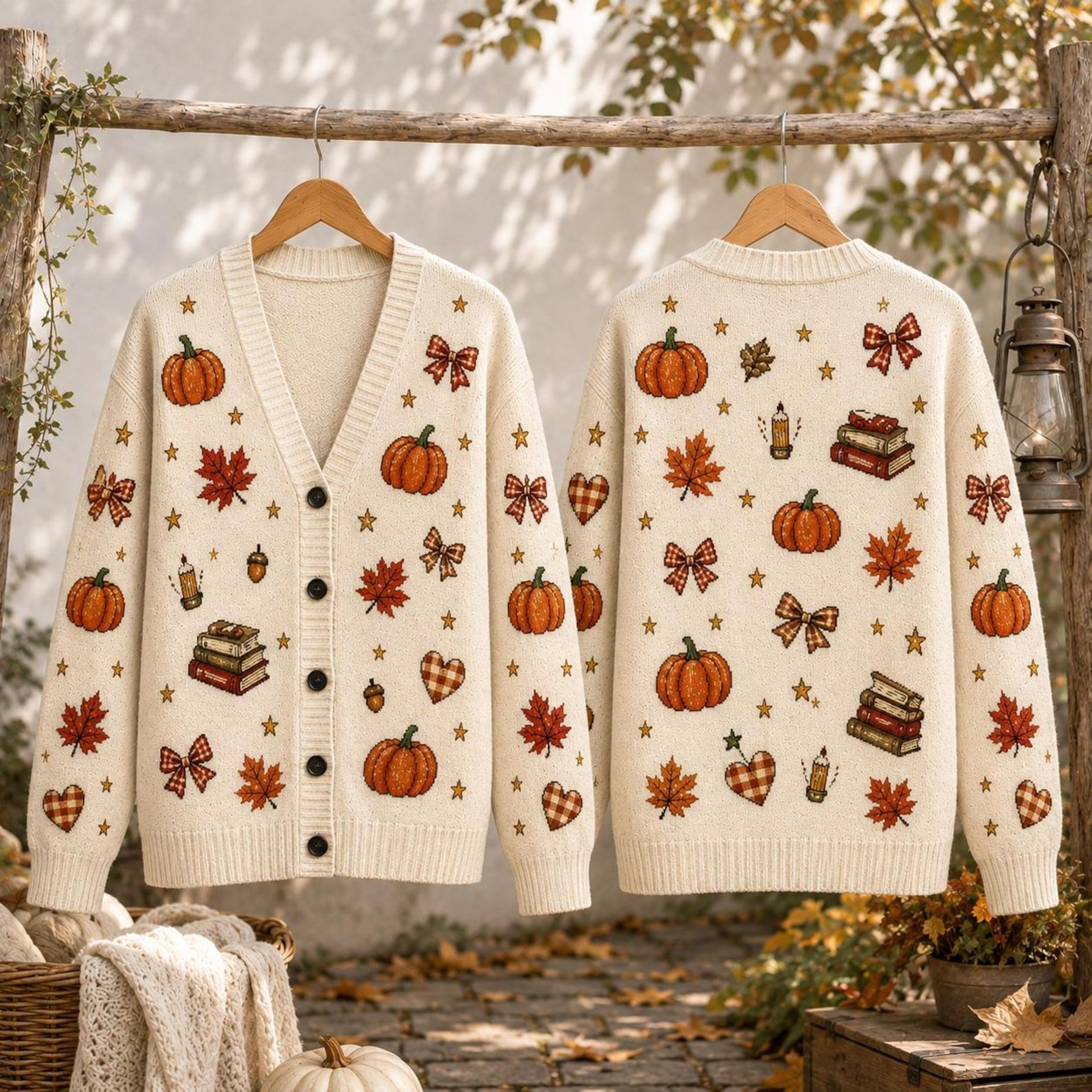 cozy fall book lover unisex cardigan, pumpkin maple leaf printed sweater, autumn reading outfit, bookish thanksgiving gi