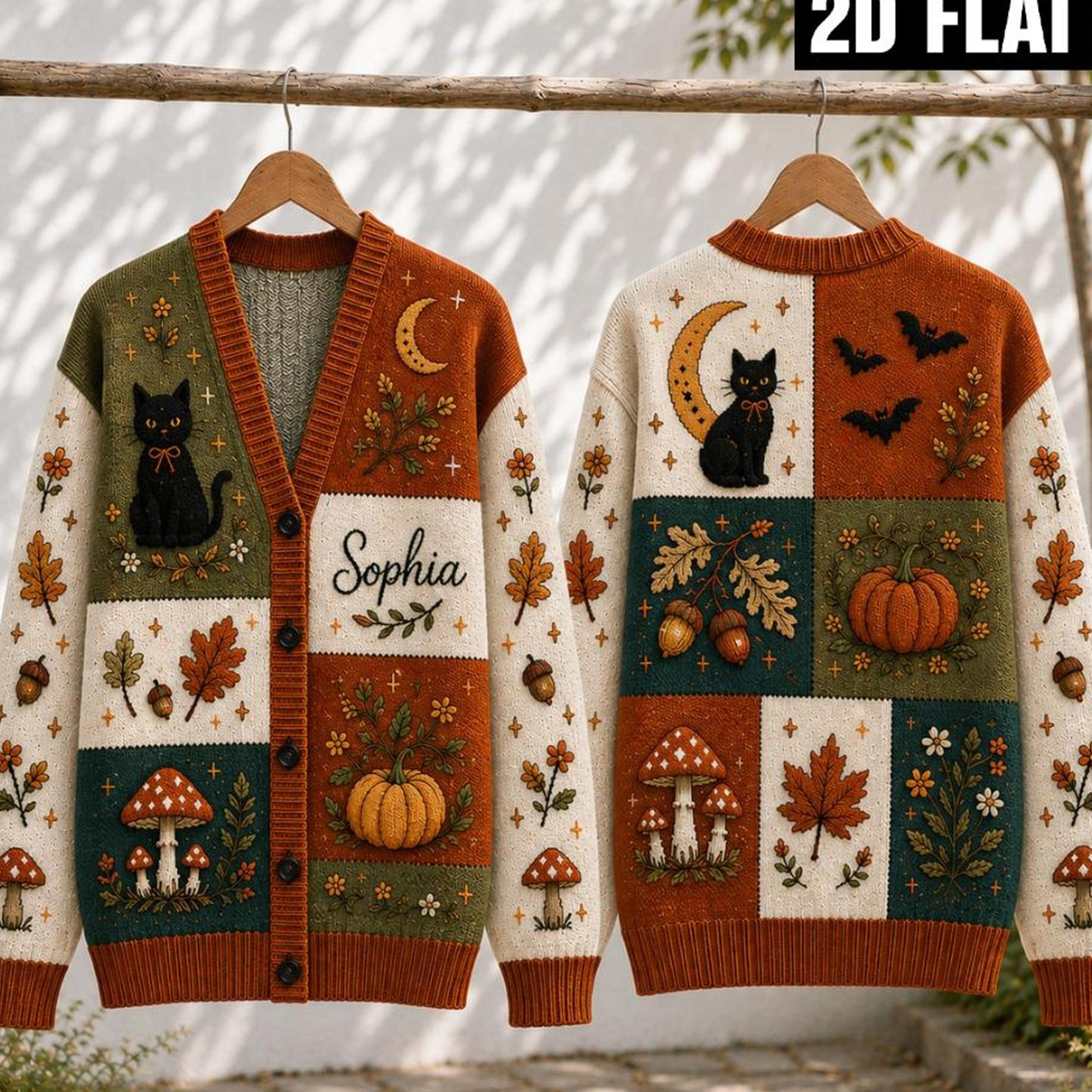 halloween black cat pumpkin unisex cardigan, spooky printed sweater, mushroom fall outfit, cottagecore autumn gift