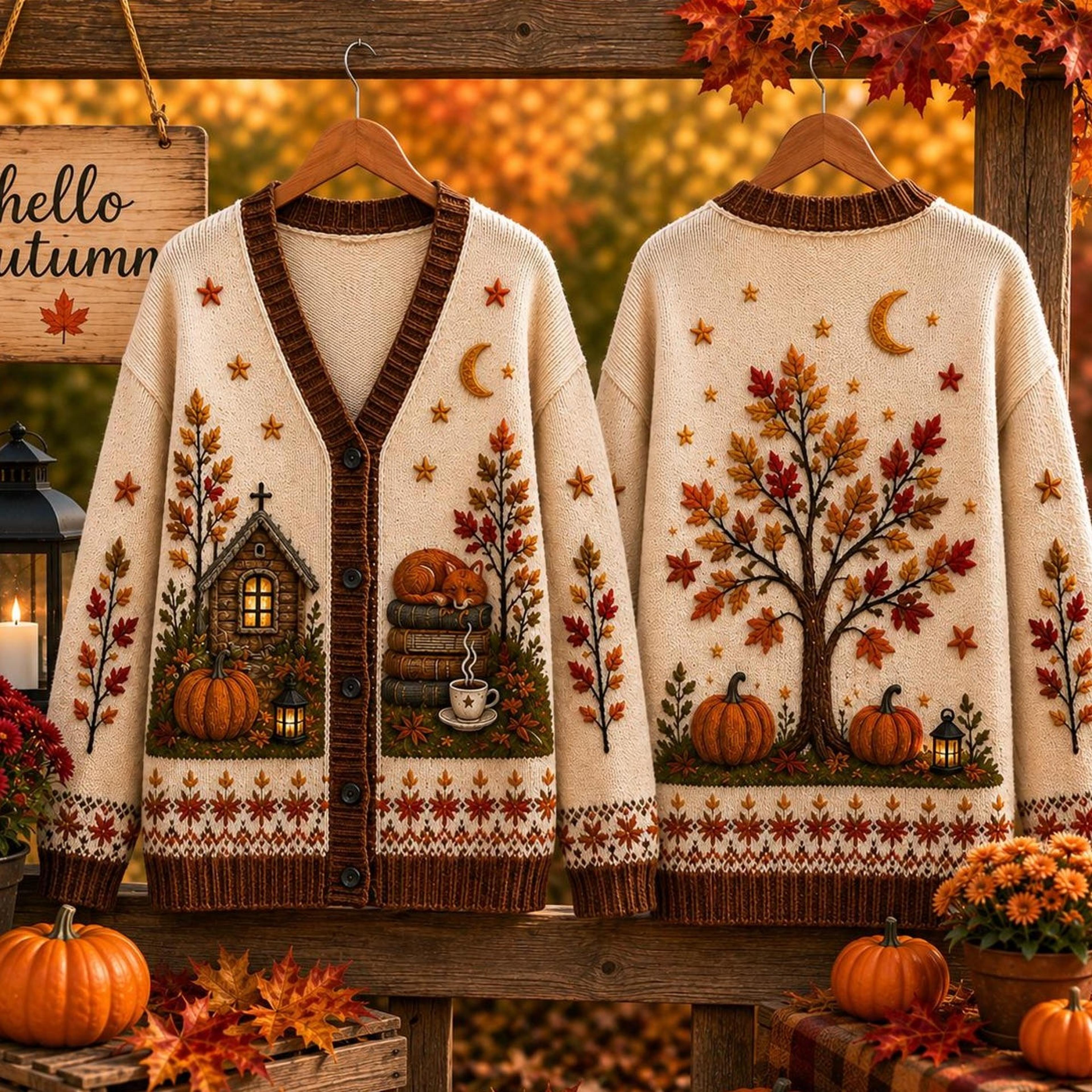 autumn cottage pumpkin unisex cardigan, fall printed sweater, cozy cottagecore outfit, harvest leaves pumpkin gift