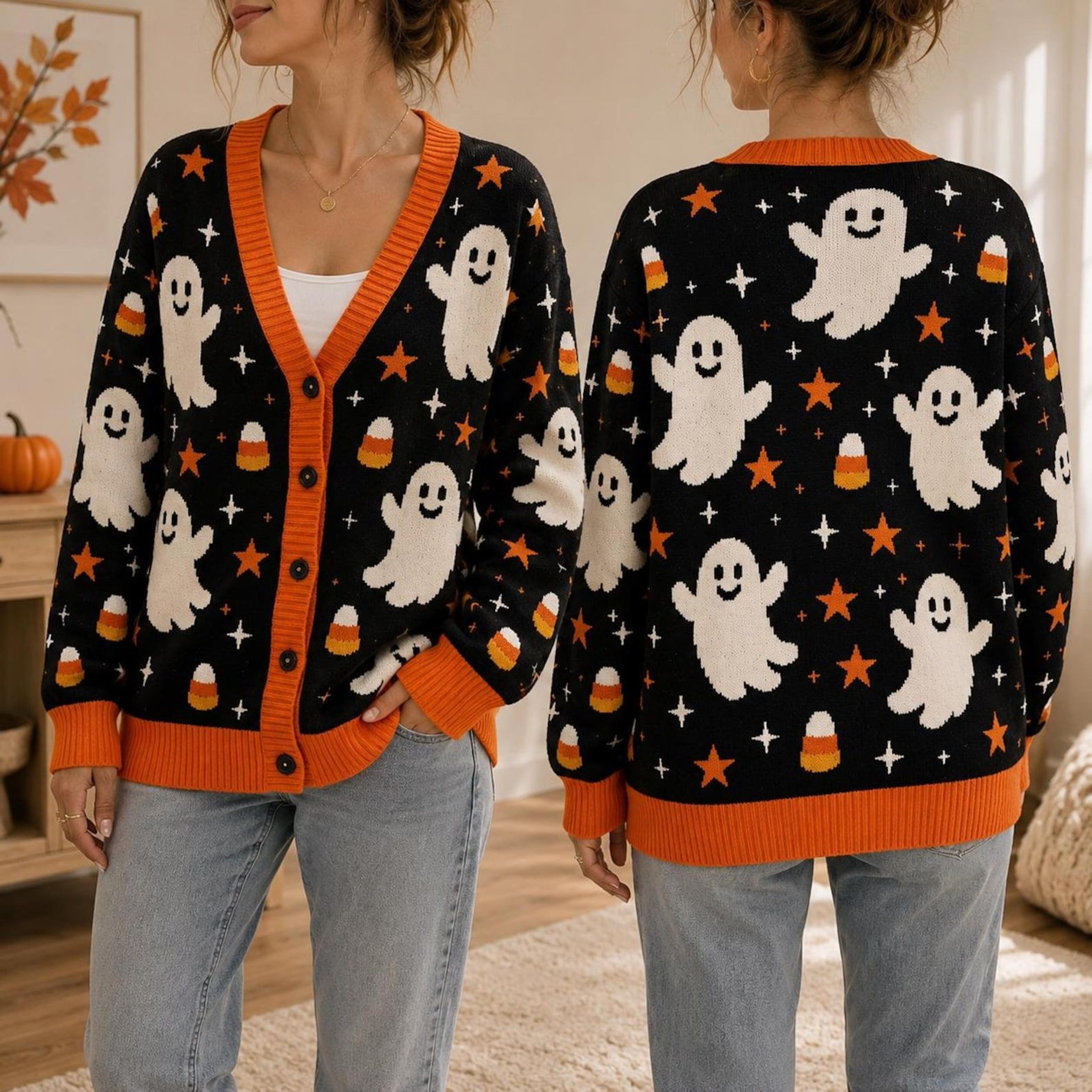 cute ghost candy corn unisex cardigan, halloween printed sweater, orange star spooky fall outfit, ghost lover gift