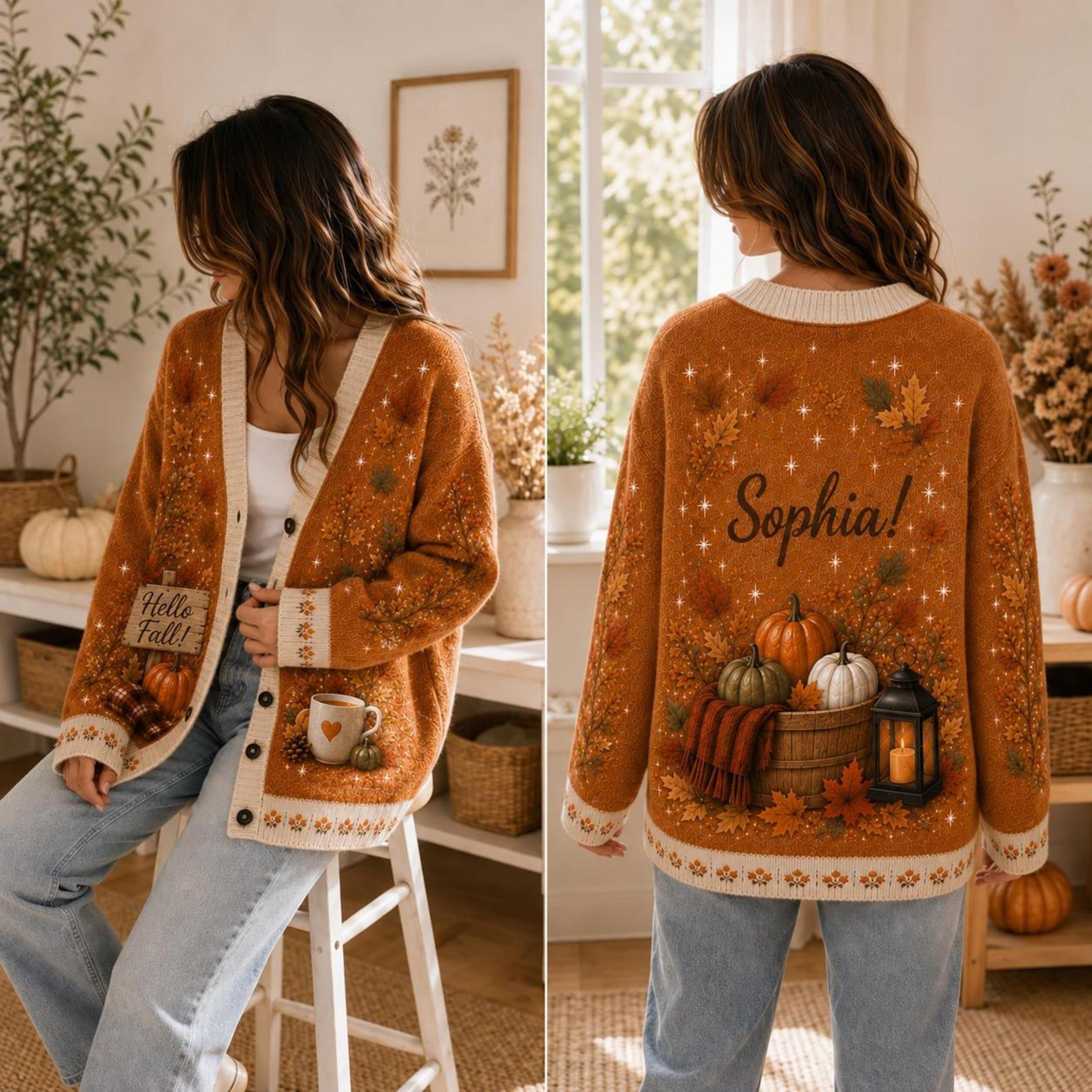 personalized fall pumpkin unisex cardigan, autumn leaves printed sweater, harvest cozy outfit, thanksgiving gift