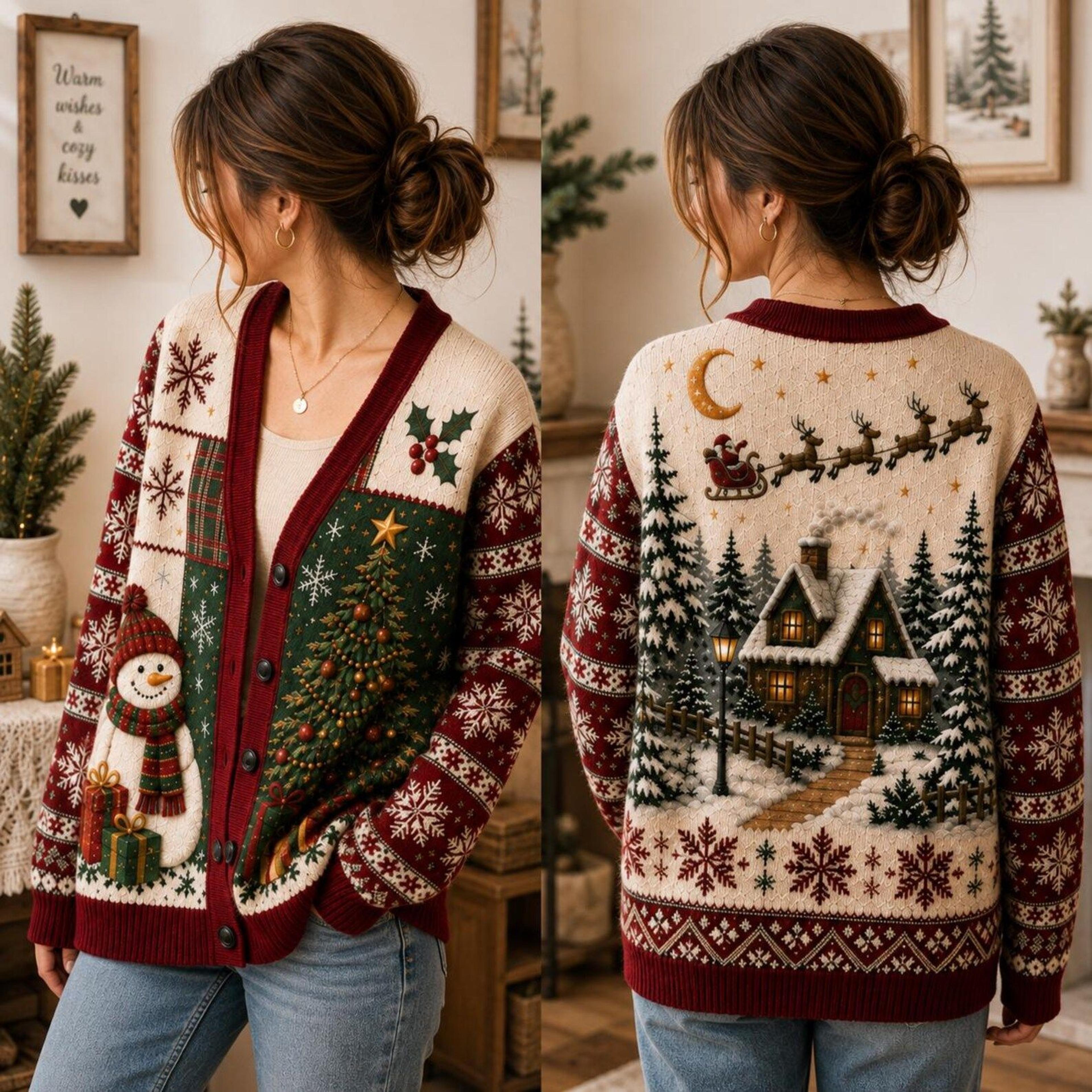 vintage christmas snowman unisex cardigan, printed holiday sweater, winter cottage knitwear, cozy christmas gift