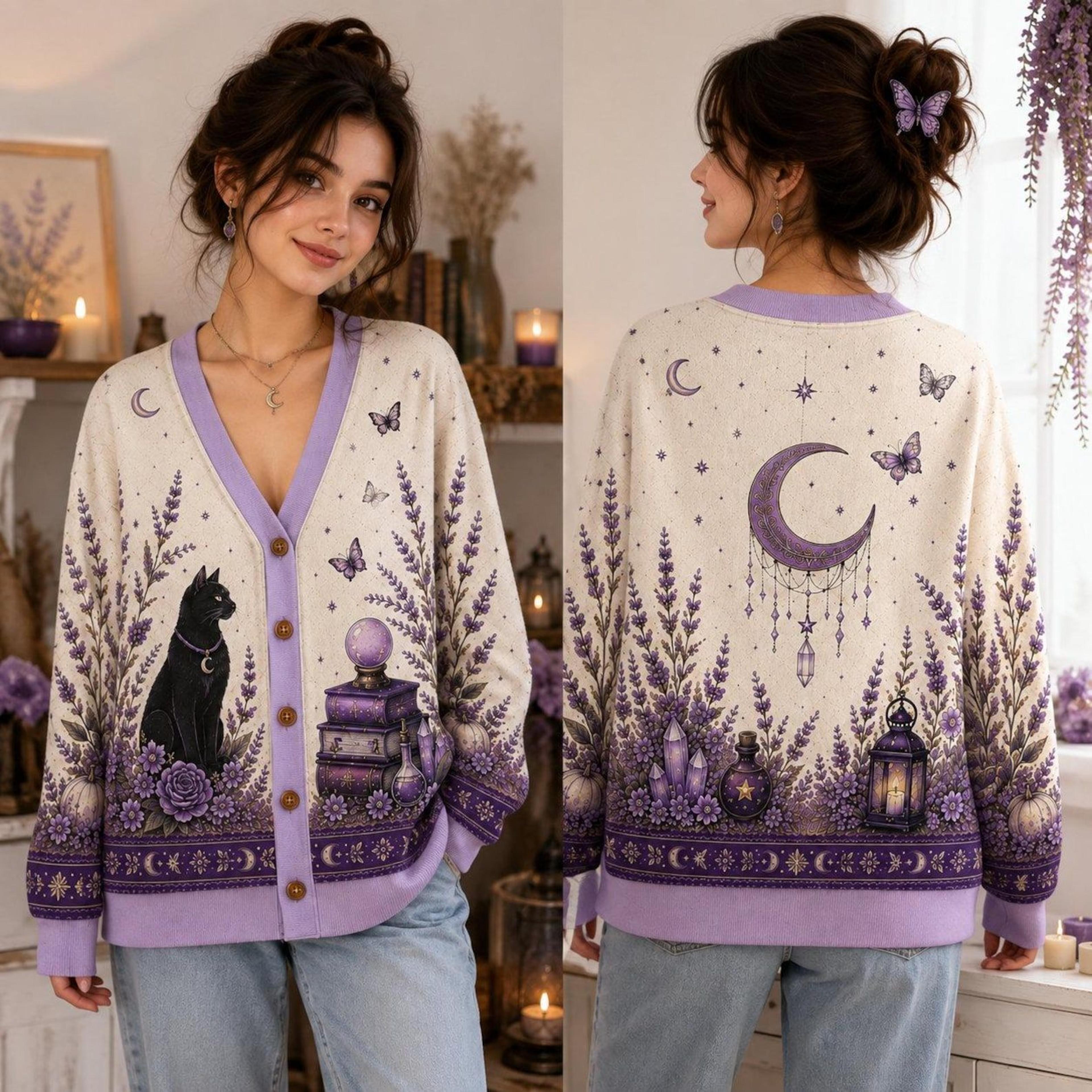 gothic witchy unisex cardigan, black cat moon sweater, lavender floral crystal print, mystic autumn halloween gift
