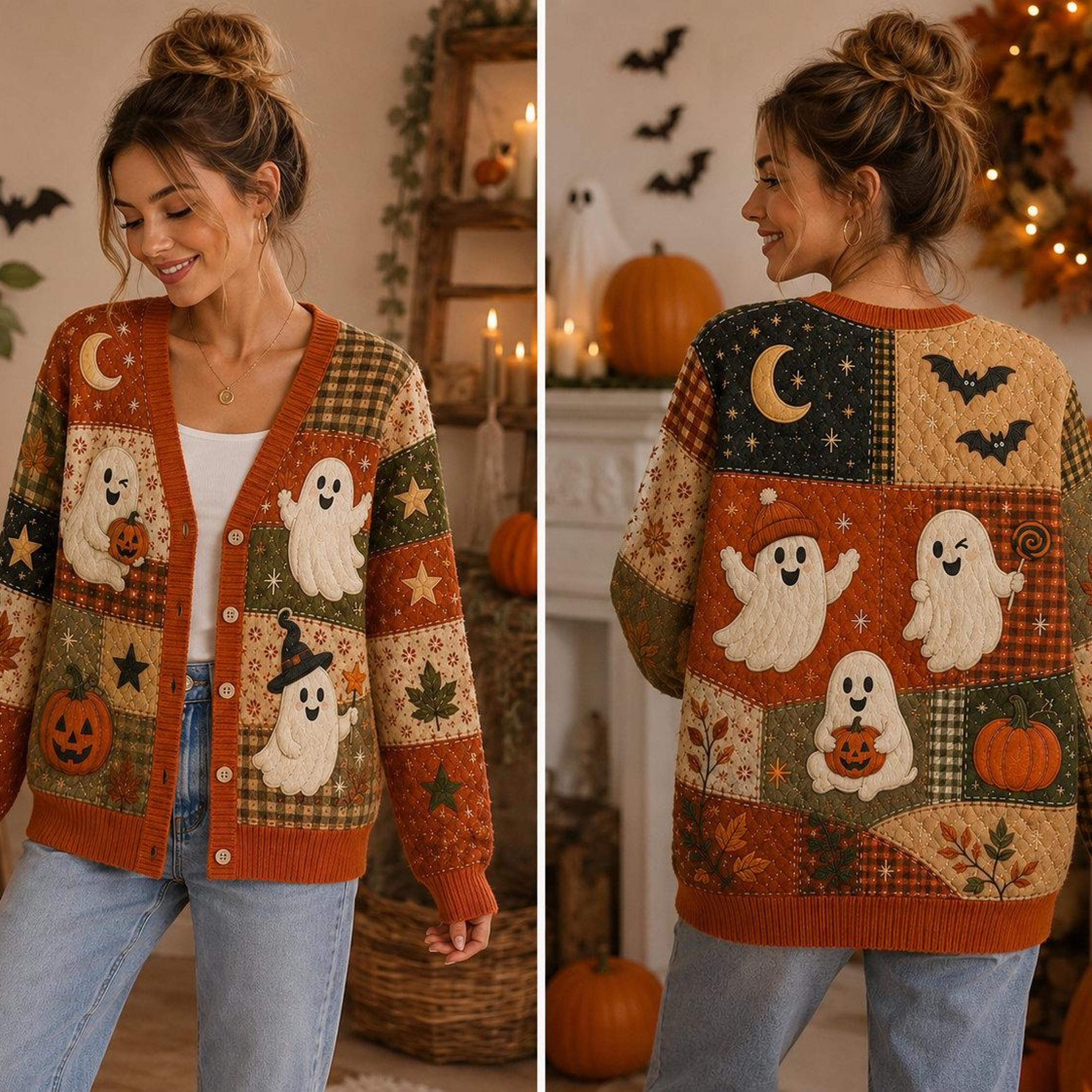 halloween ghost unisex cardigan, pumpkin patchwork sweater, cute spooky fall print, vintage autumn gift
