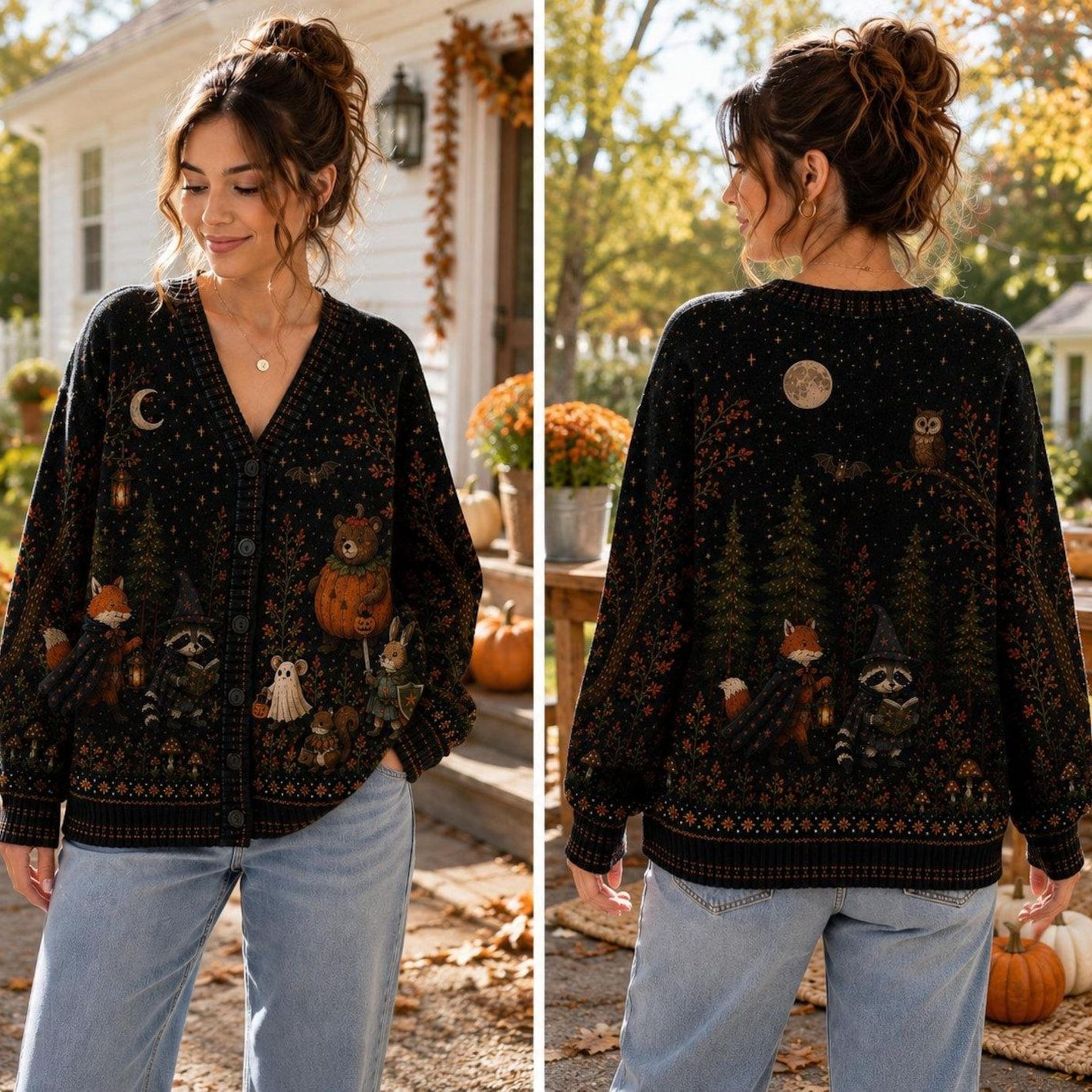halloween woodland unisex cardigan, fox raccoon pumpkin sweater, forest animal fall print, witchy autumn gift