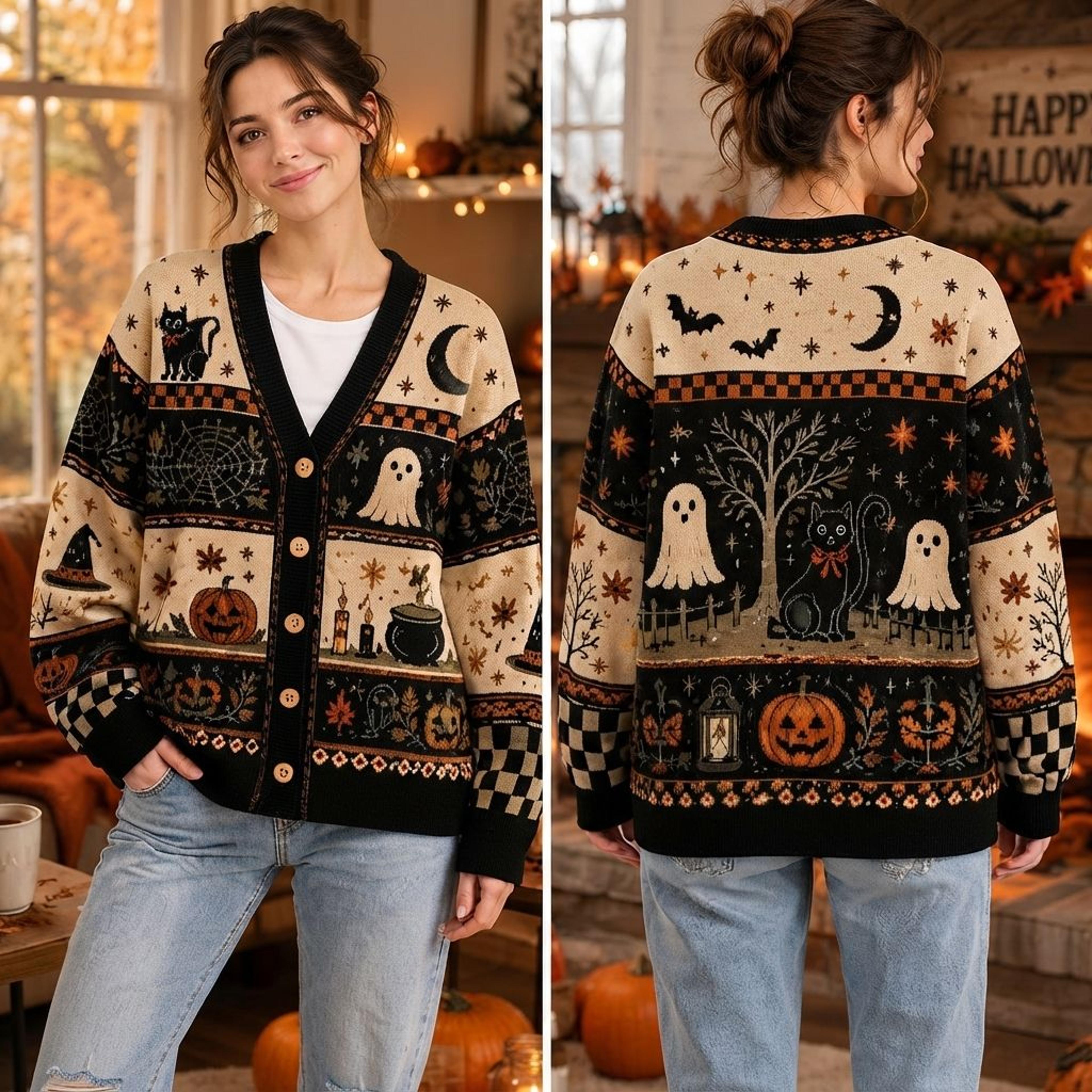 halloween gothic unisex cardigan, ghost black cat pumpkin sweater, witchy moon spiderweb print, spooky fall gift