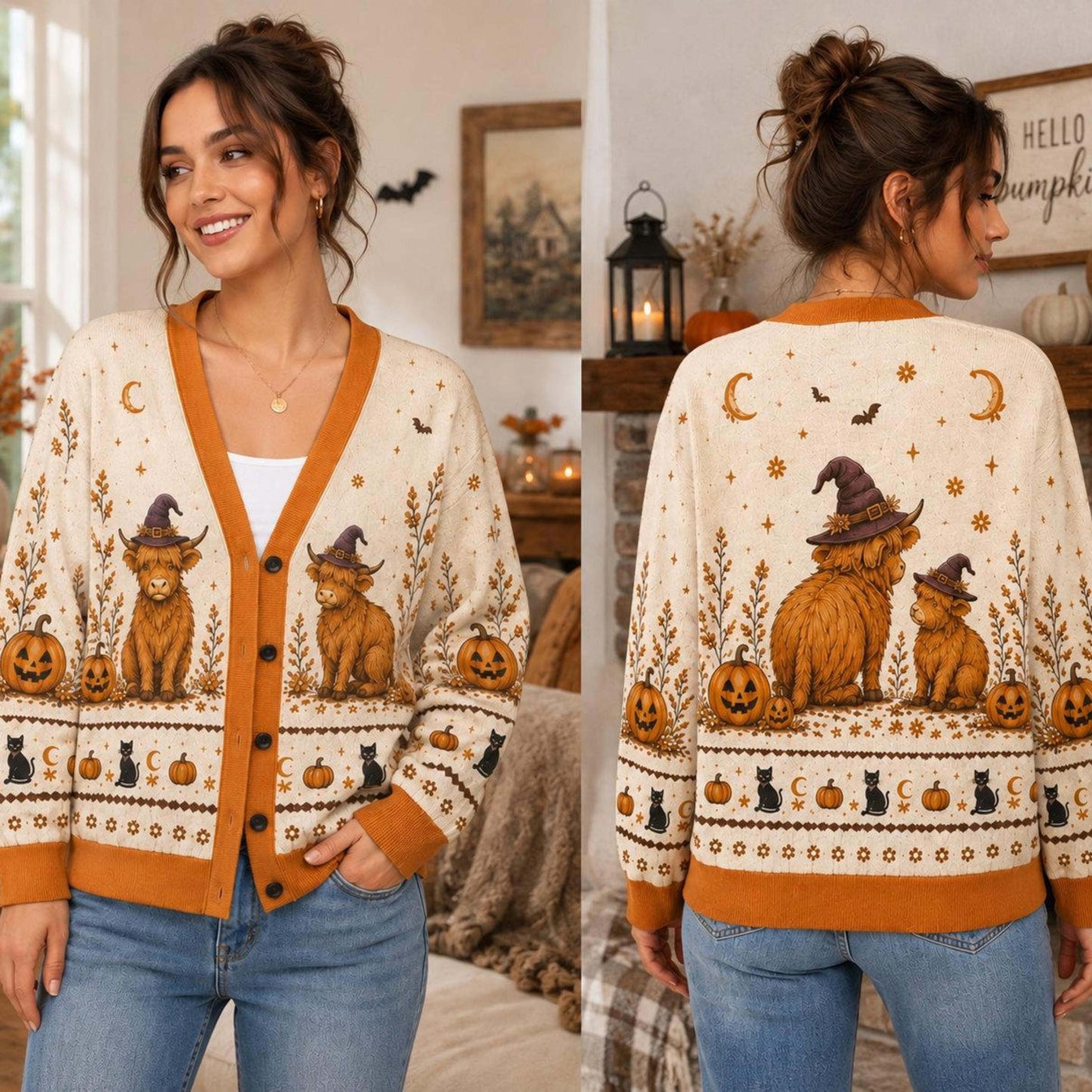 halloween highland cow unisex cardigan, witchy pumpkin sweater, cute cow fall print, spooky autumn gift