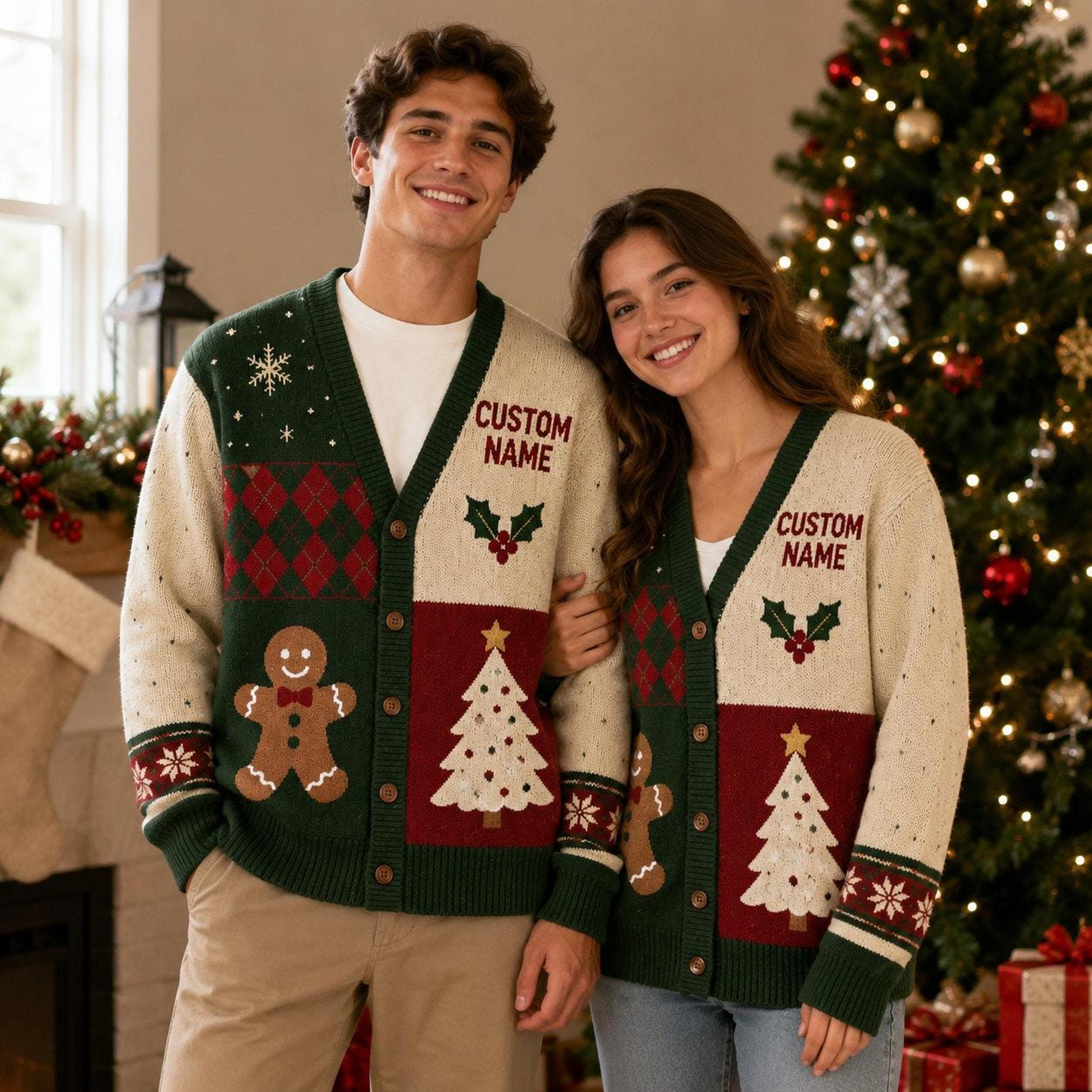 personalized christmas unisex cardigan, custom name gingerbread sweater, santa snowman holiday print, festive gift