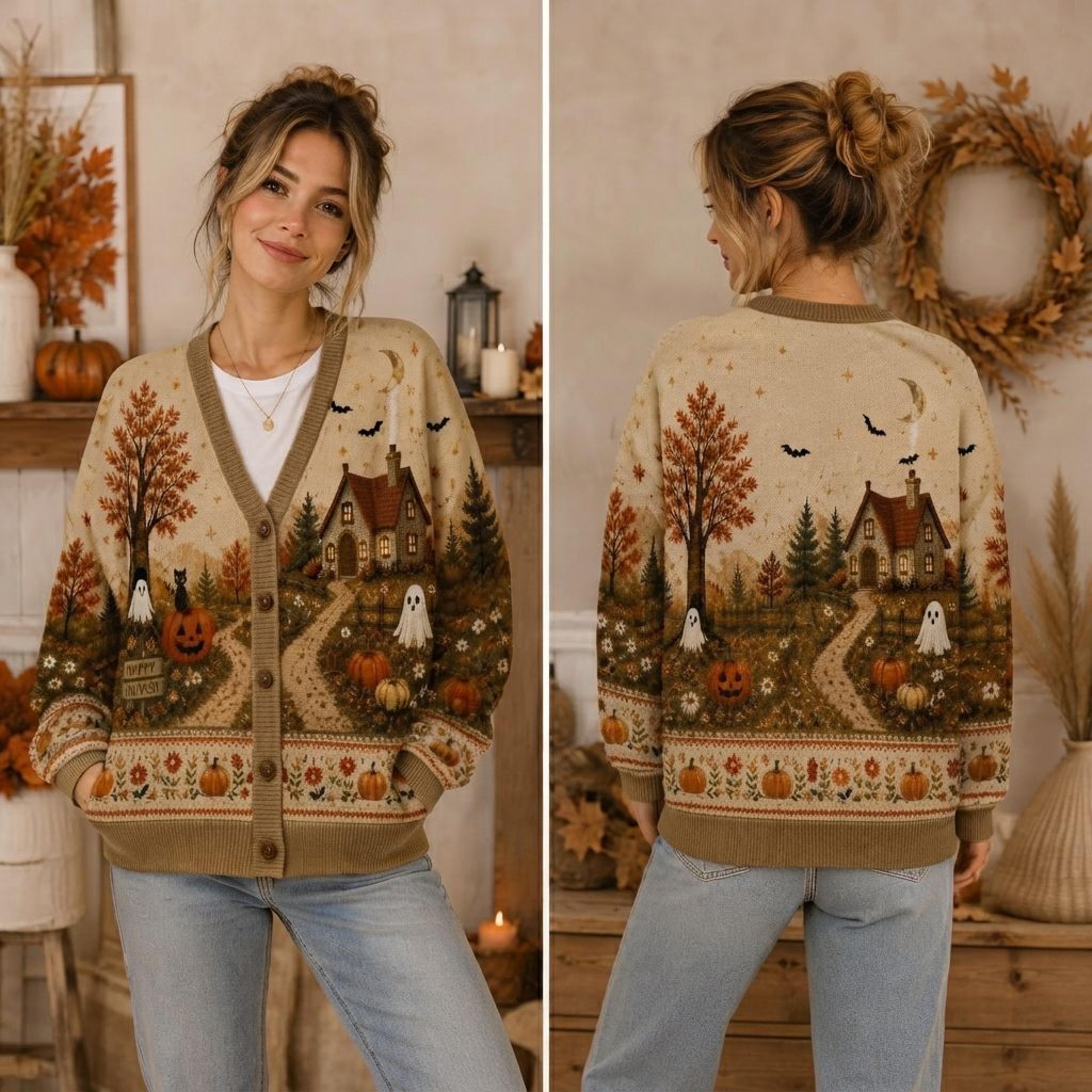 halloween haunted cottage unisex cardigan, pumpkin ghost sweater, spooky fall cottagecore knitwear, cozy halloween gift