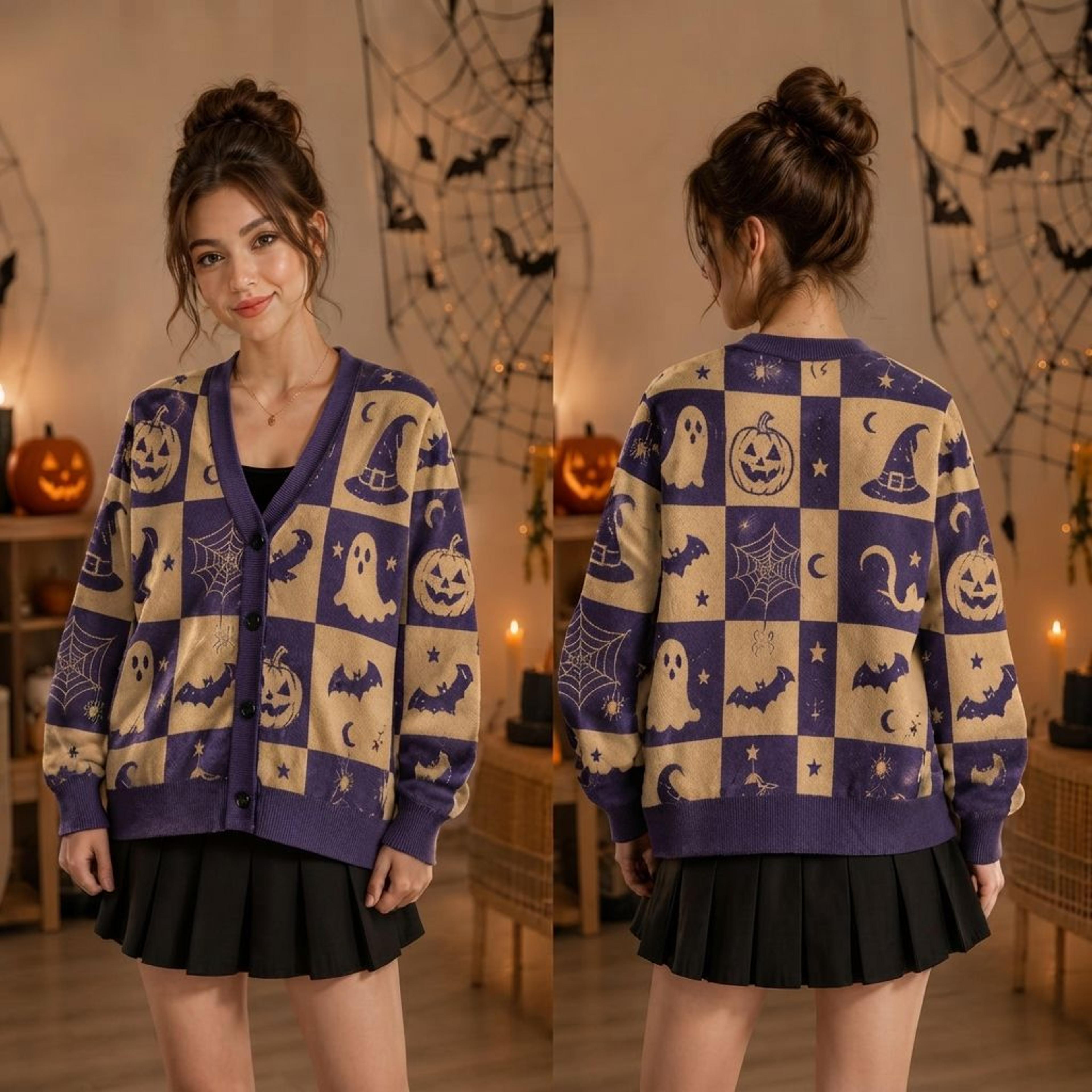 halloween purple cardigan, pumpkin ghost sweater, witchy bat cardigan, spooky autumn knitwear, cozy fall gift