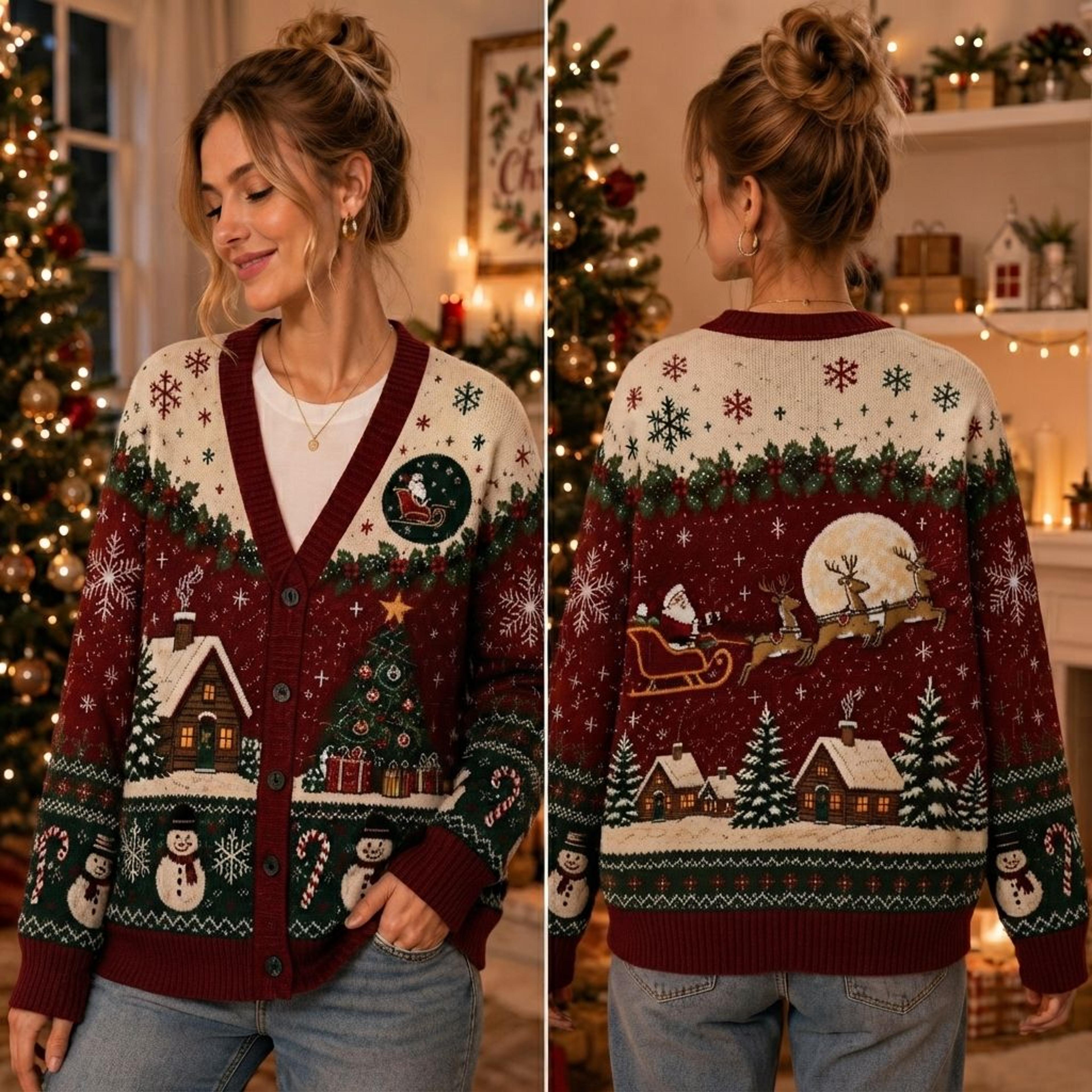 vintage christmas cardigan, santa reindeer sweater, christmas village holiday cardigan, cozy winter gift