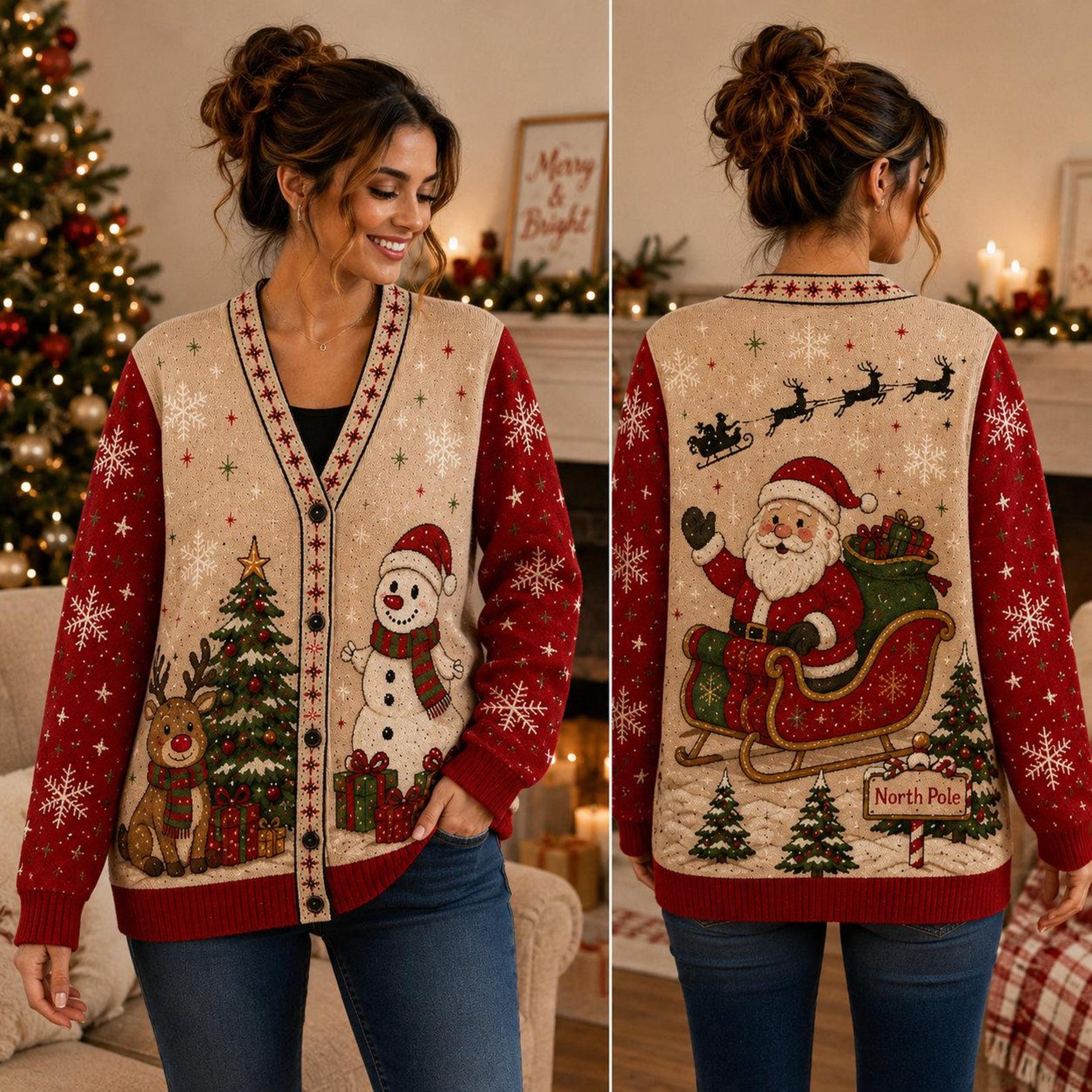 christmas santa cardigan, vintage reindeer sweater, snowman holiday cardigan, north pole christmas gift