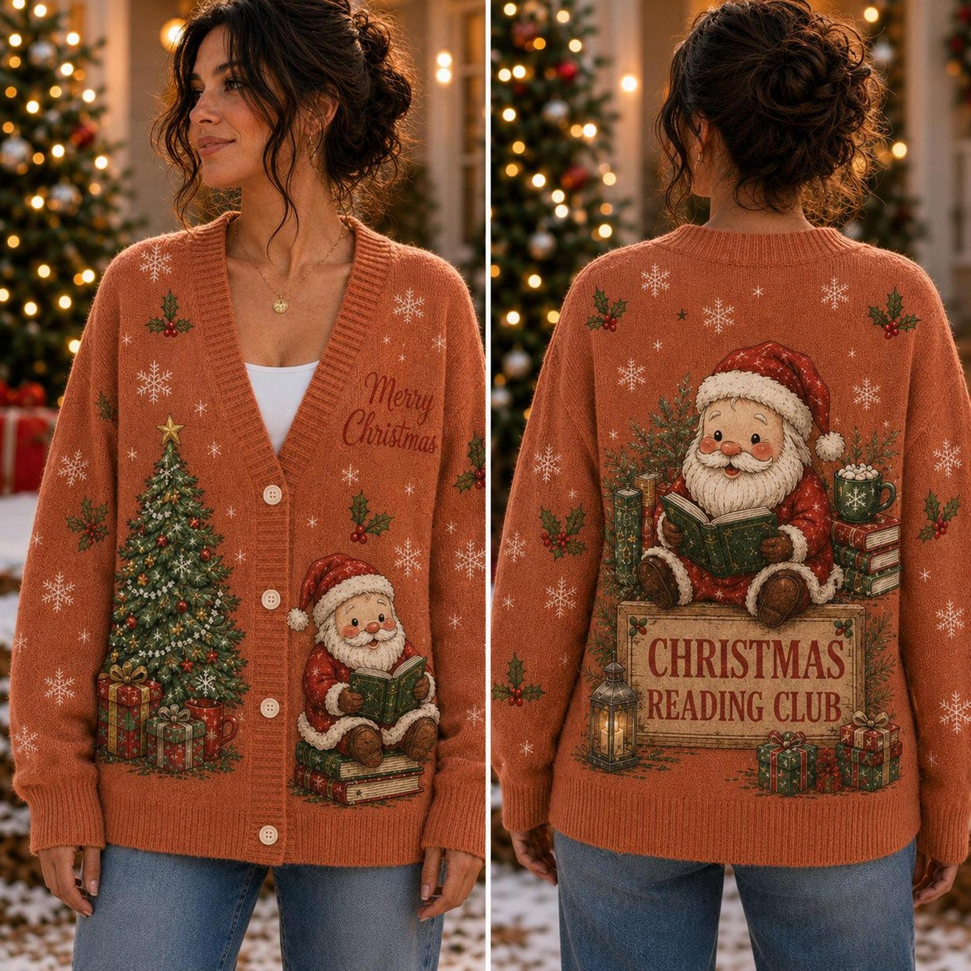 christmas reading club cardigan, santa book lover sweater, holiday bookish cardigan, cozy winter christmas gift
