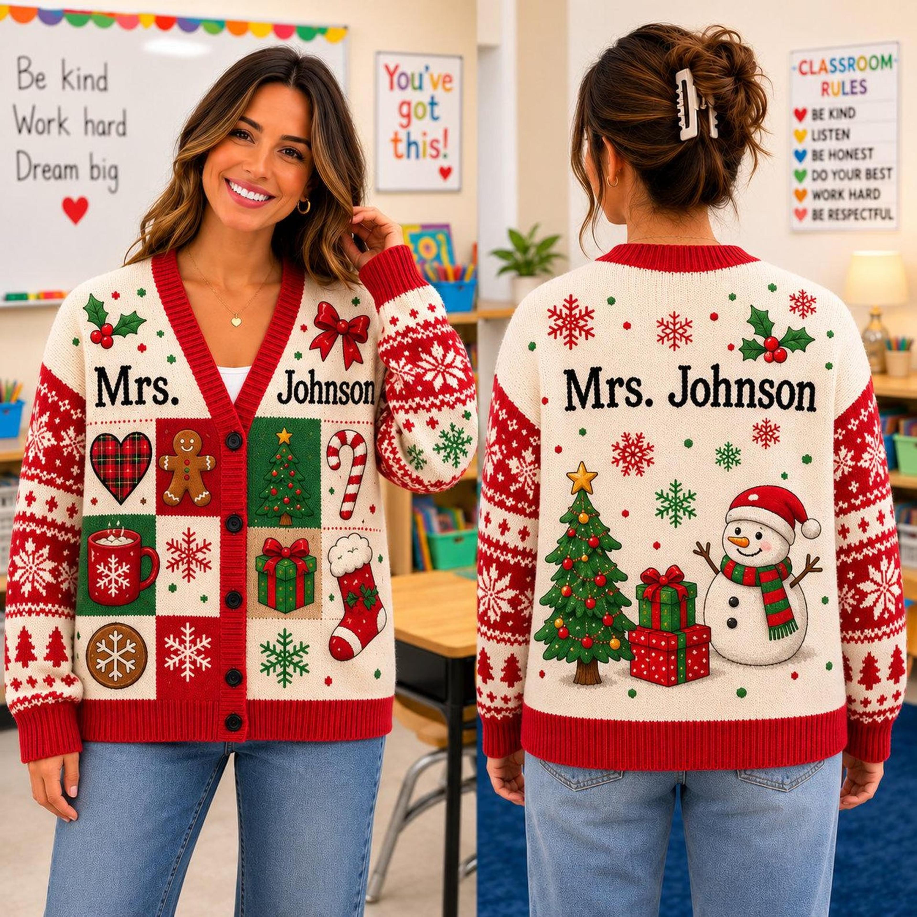 personalized christmas cardigan, custom name holiday sweater, santa snowman christmas cardigan, cozy winter gift
