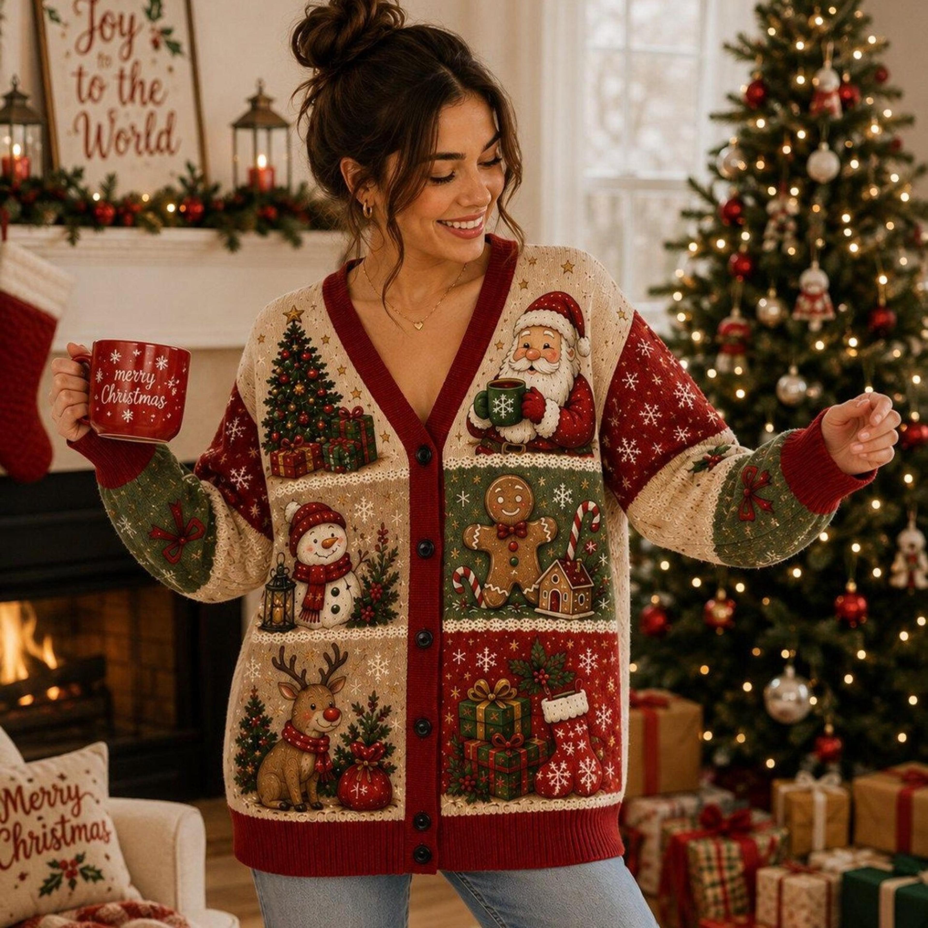 christmas santa cardigan, snowman gingerbread sweater, reindeer christmas cardigan, cozy holiday winter gift