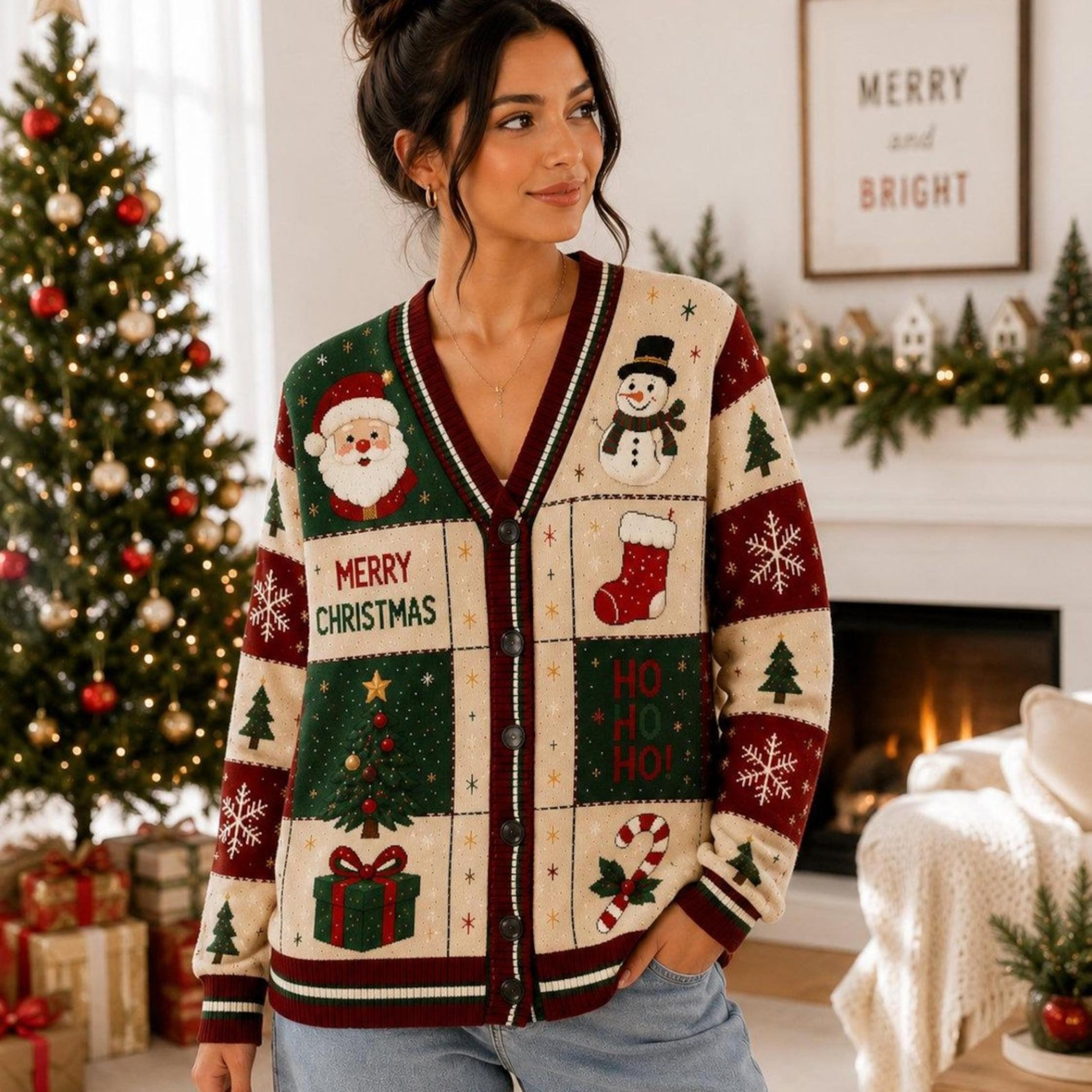 christmas santa cardigan, snowman holiday sweater, christmas tree patchwork cardigan, cozy vintage winter gift