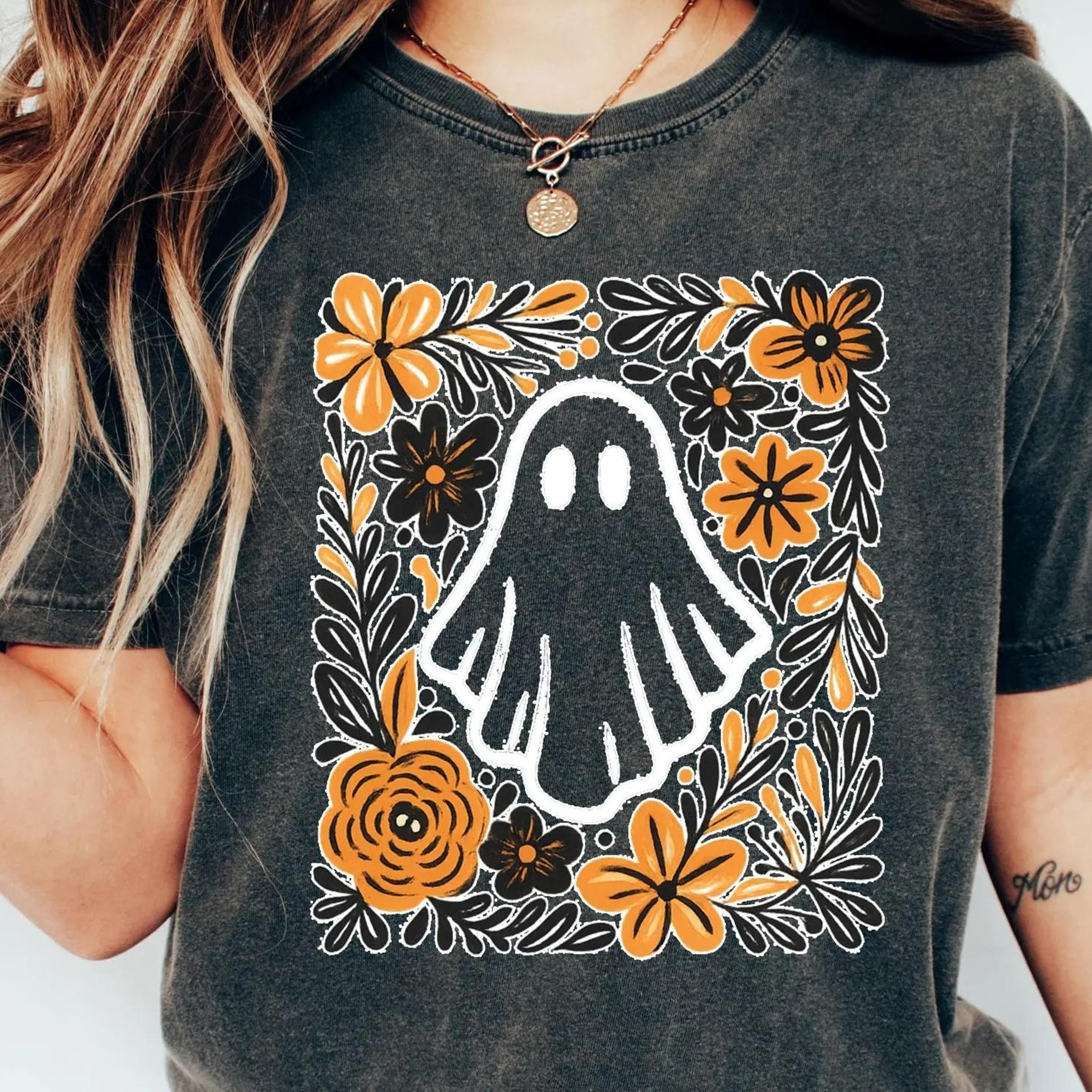 halloween ghost with flowers shirt, halloween t-shirt, autumn fall season shirt, cute floral ghost shirt, floral ghost
