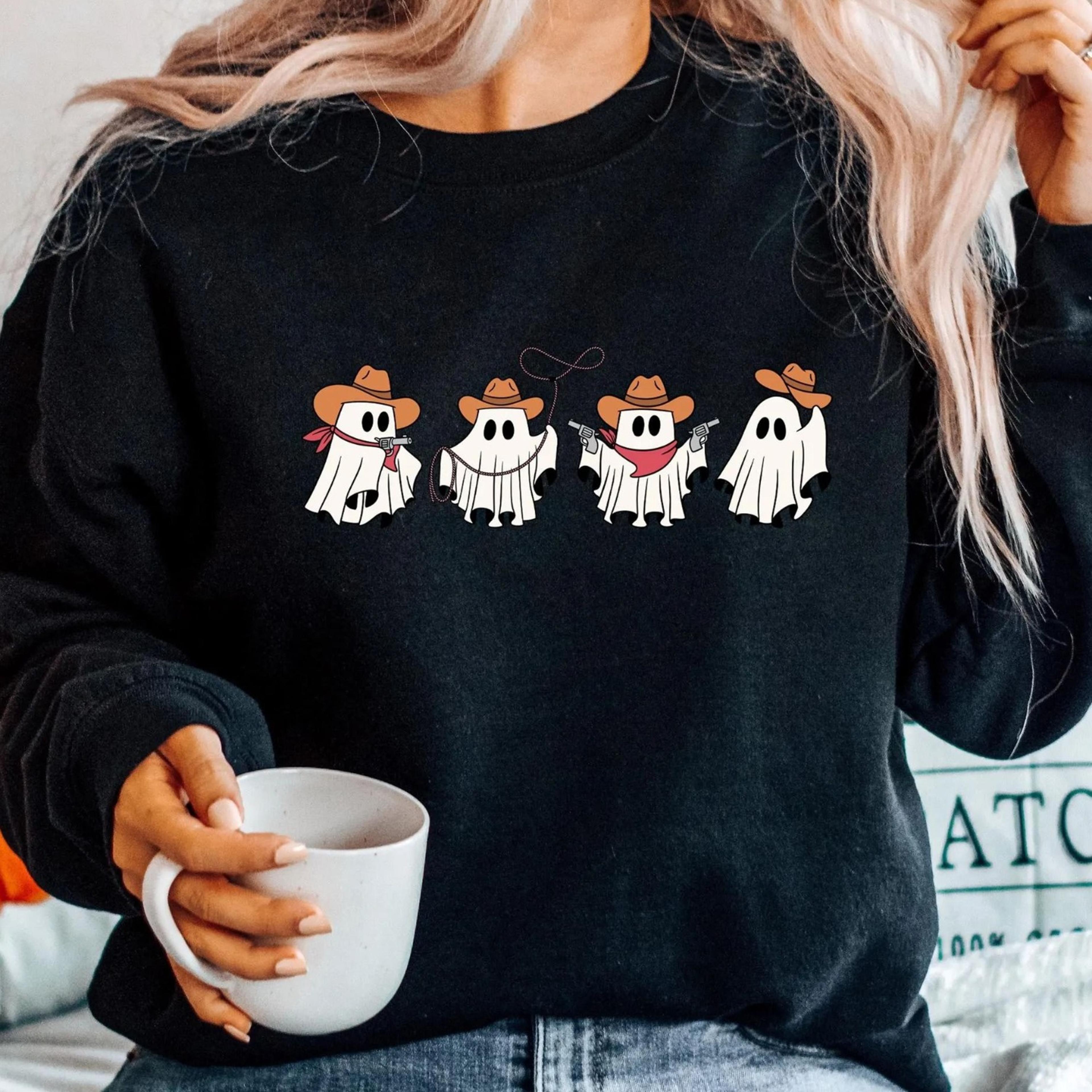 halloween cowboy sweatshirt, halloween western sweatshirt, halloween tee, halloween cowboy ghost tee, western shirt