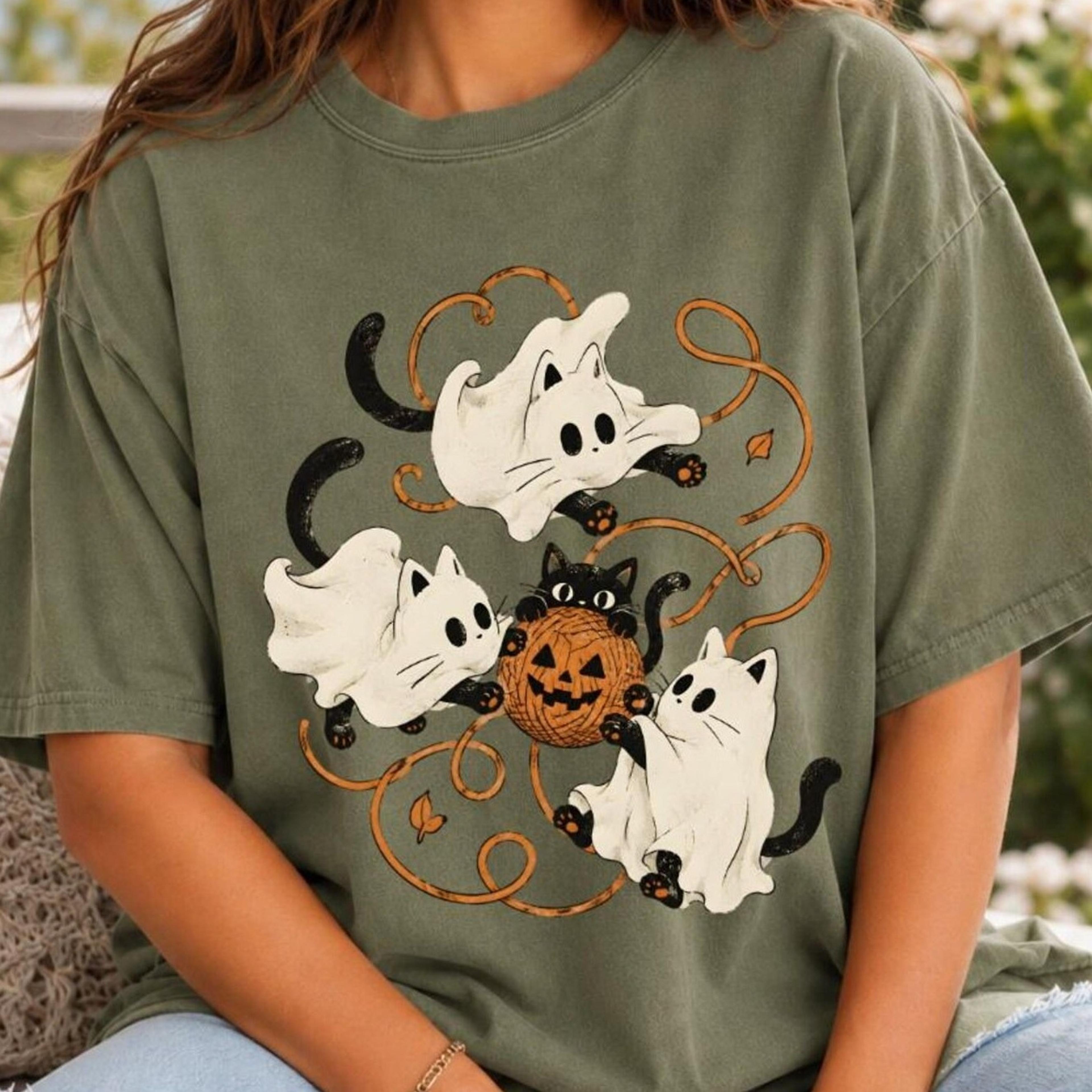 halloween cat shirt, ghost cat tee, cute ghost shirt, pumpkin cat tee, spooky cat lover gift
