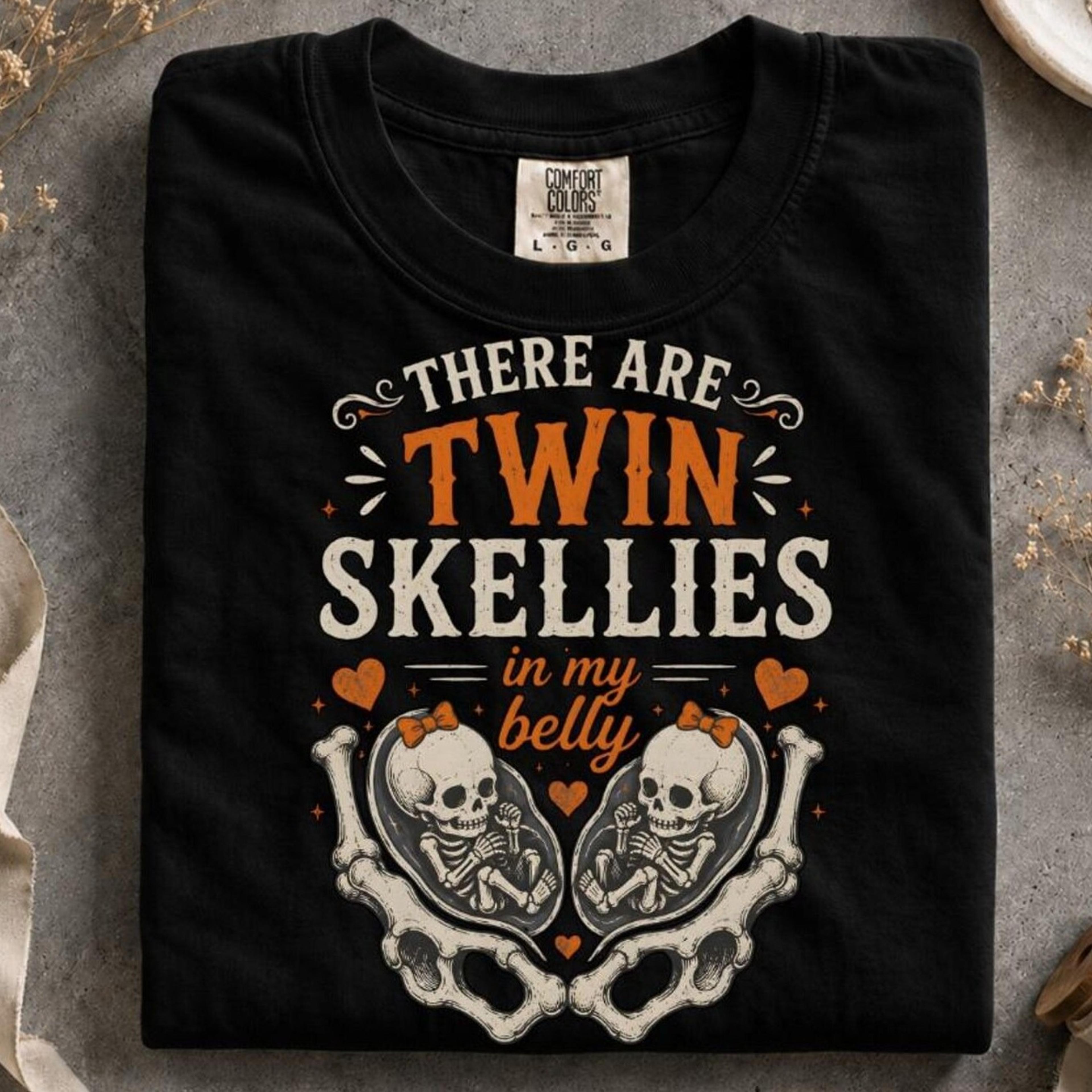 skeleton halloween maternity shirt, twin skellies in my belly tee, halloween pregnancy shirt, october baby reveal tee