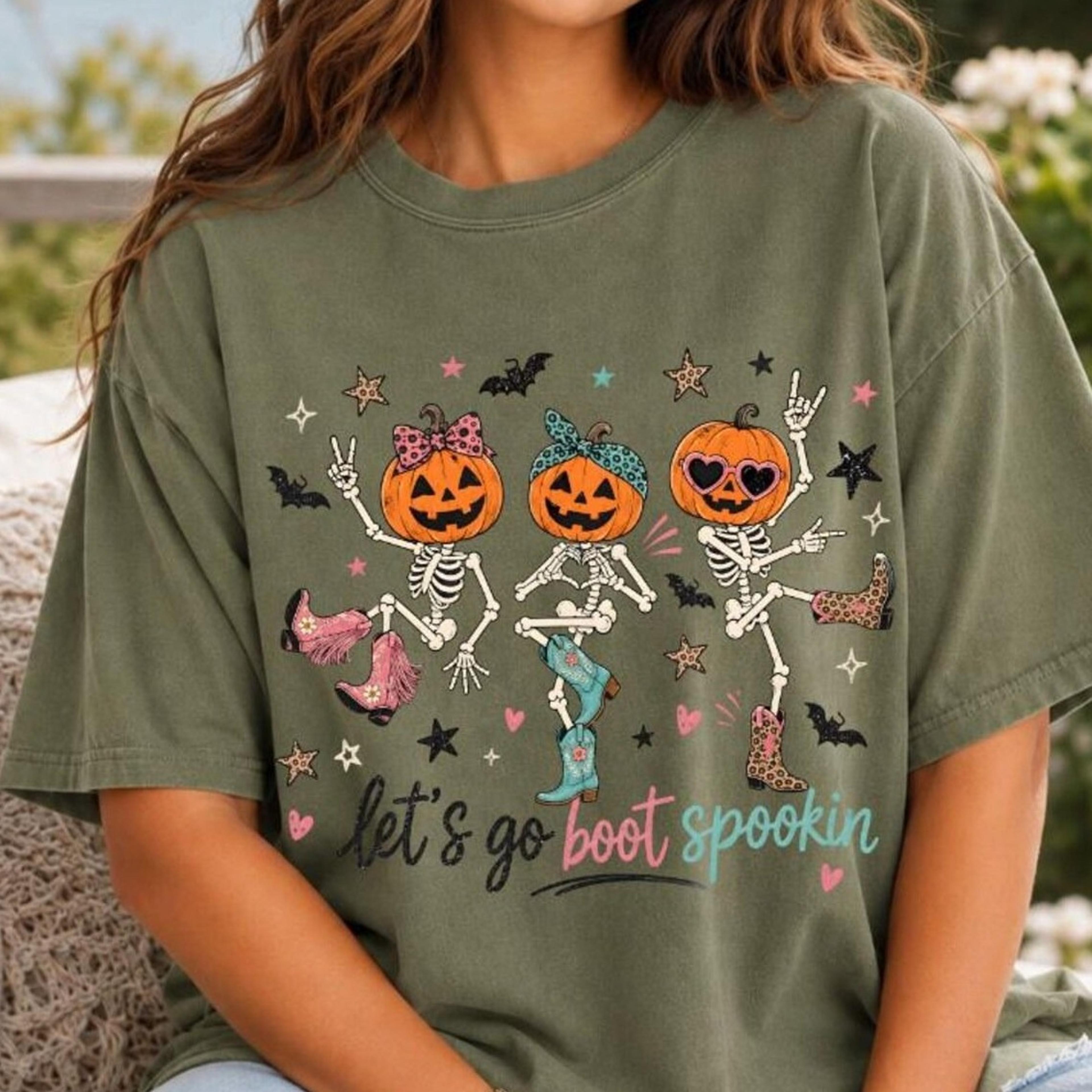 funny skeleton tee, let's go boot spookin shirt, dancing skeleton shirt, halloween pumpkin tee, spooky season halloween