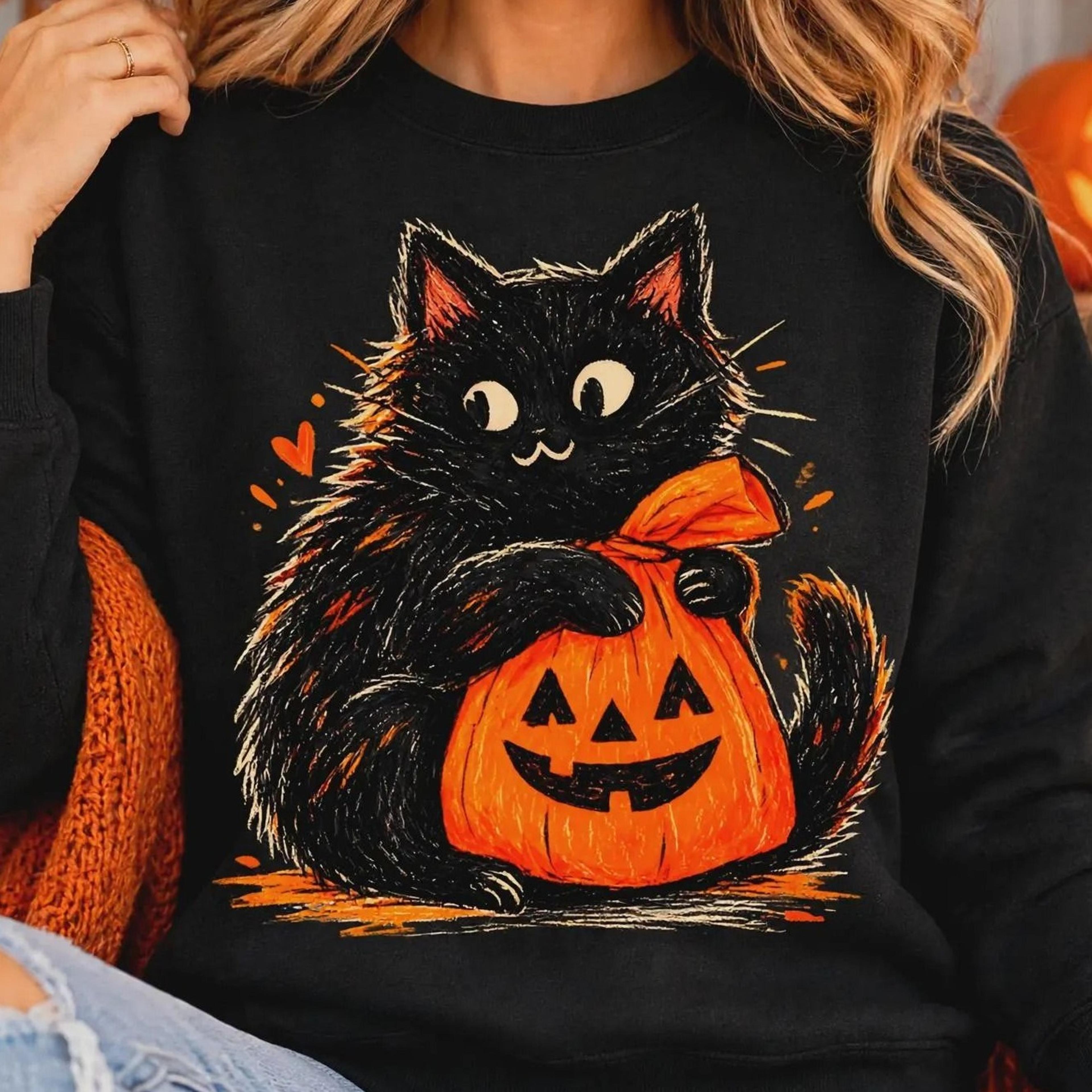 black cat pumpkin halloween, spooky season cat lover gift