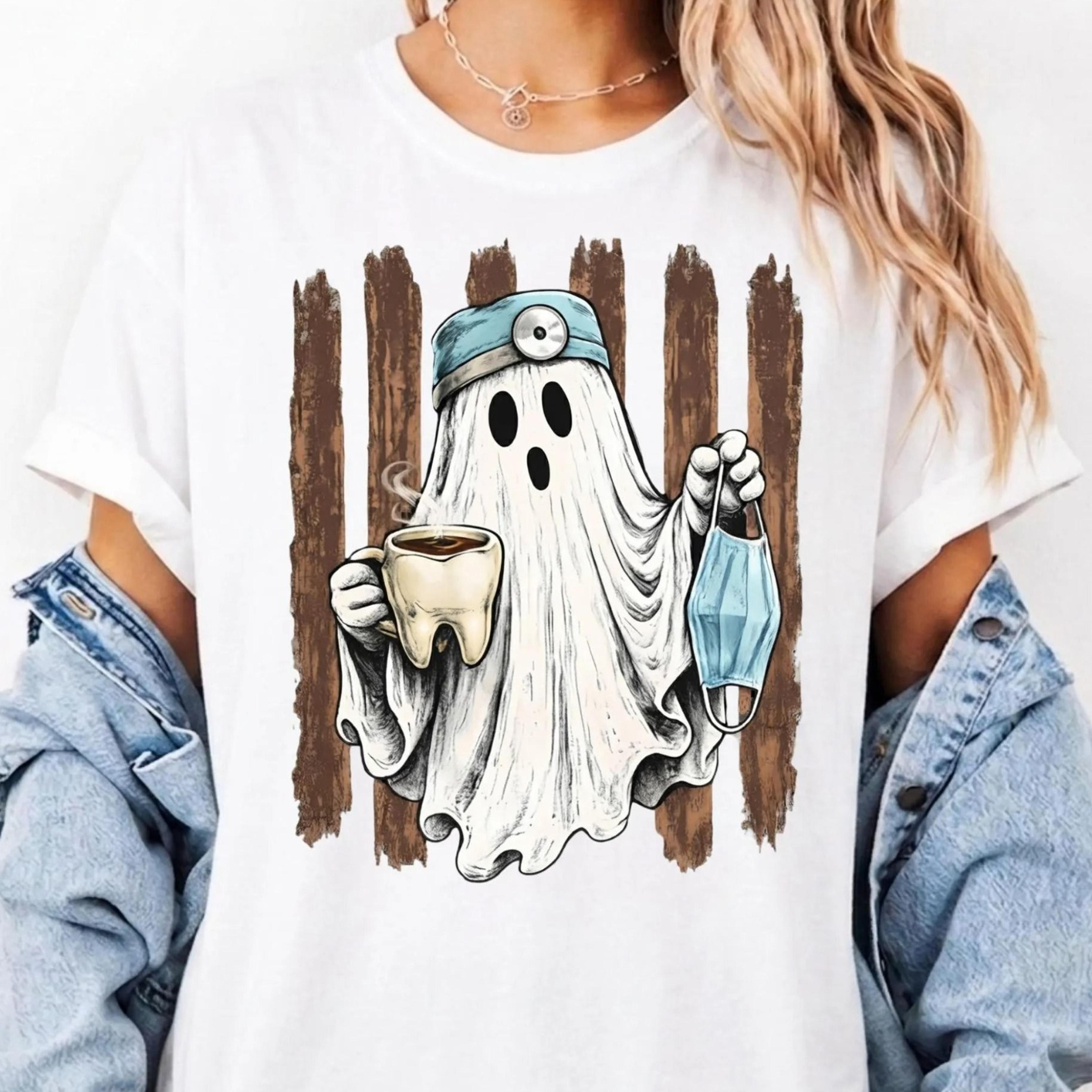 dentist ghost halloween shirt, dental assistant coffee t-shirt, tooth mug dental hygienist tee, spooky season dental