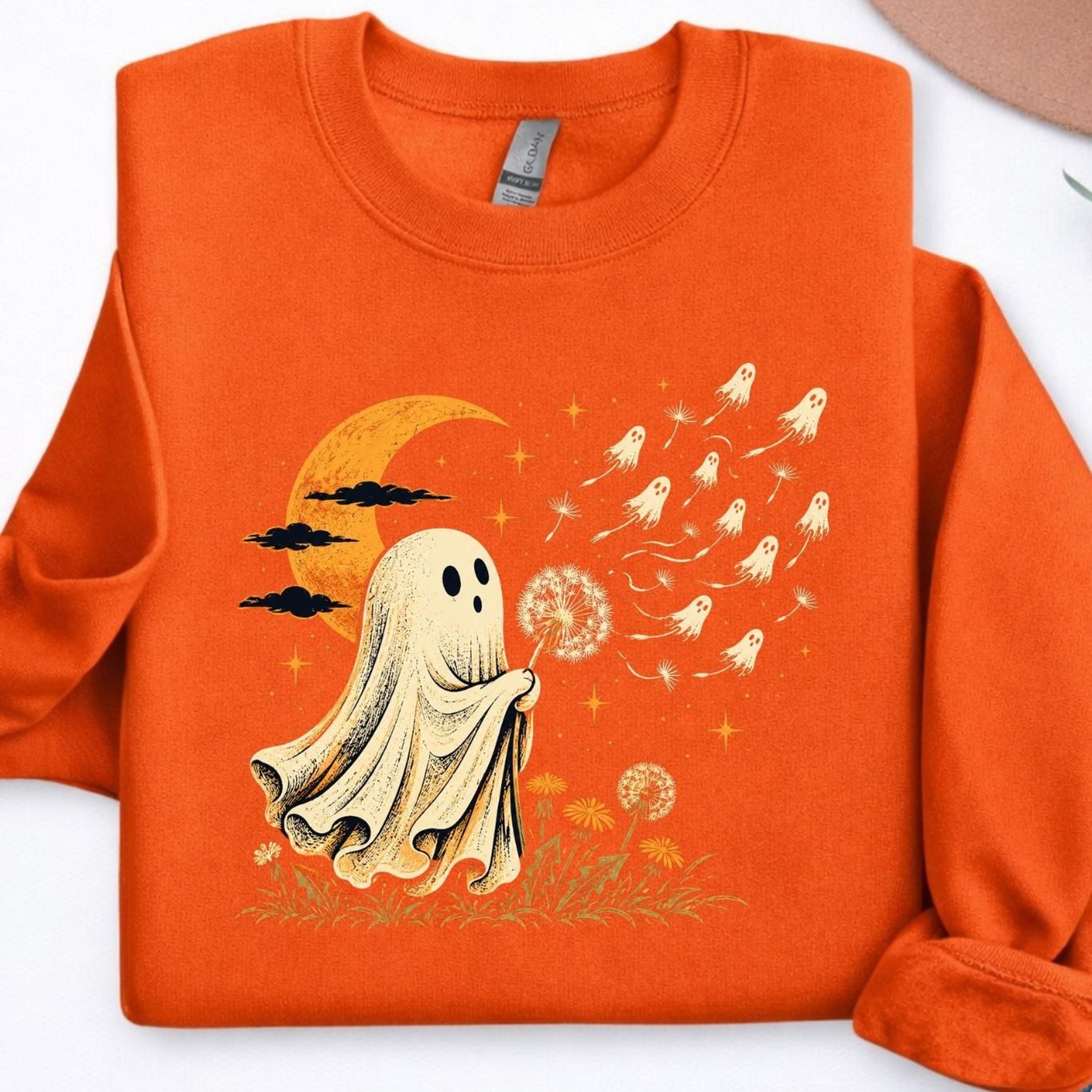 cute ghost blowing dandelion wish funny halloween spooky sweatshirt, unisex funny cute ghost blowing dandelion