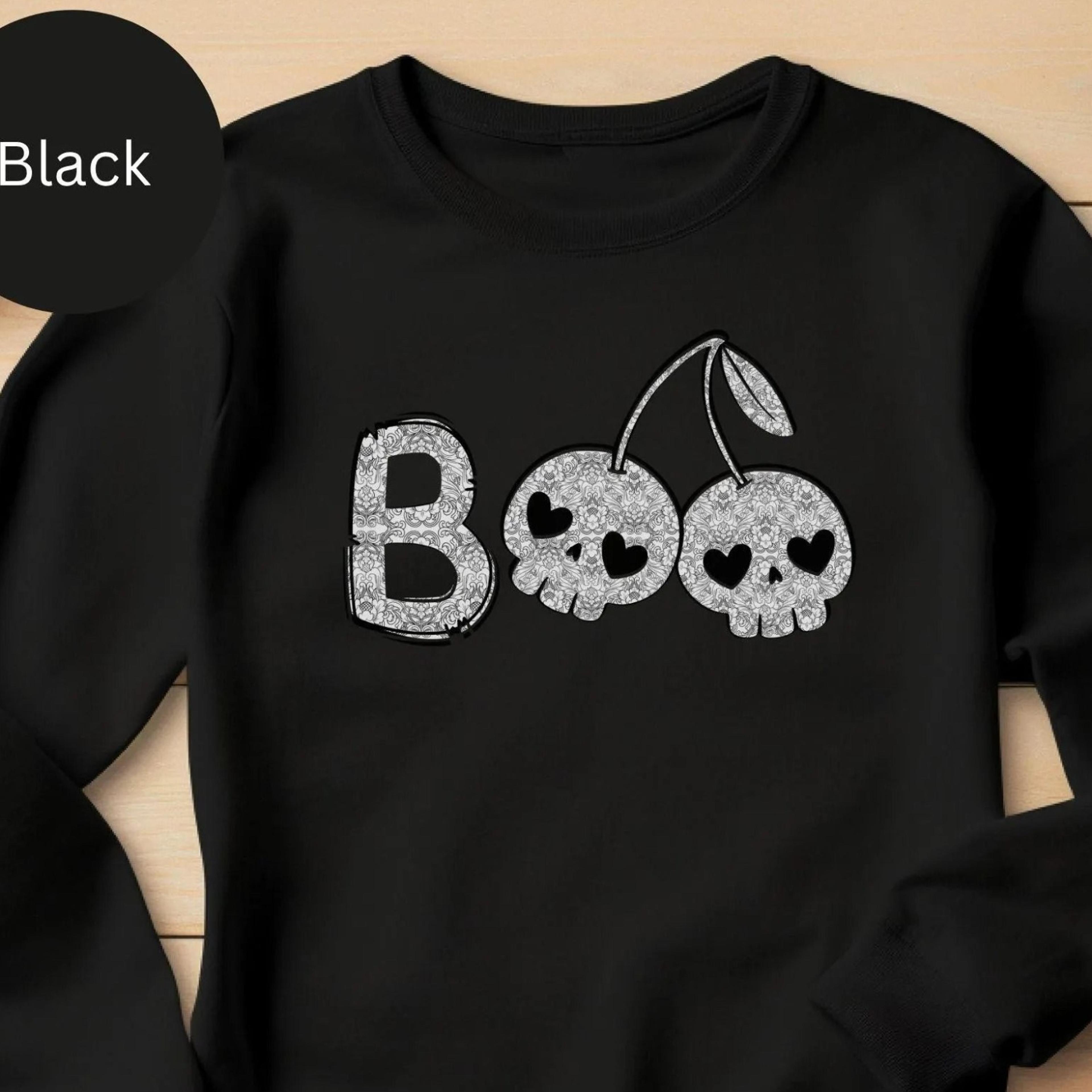 boo shirt, cherries, skull, white lace, lace, cute shirt, women's halloween shirt, gift for women, sweatshirt, boo crew