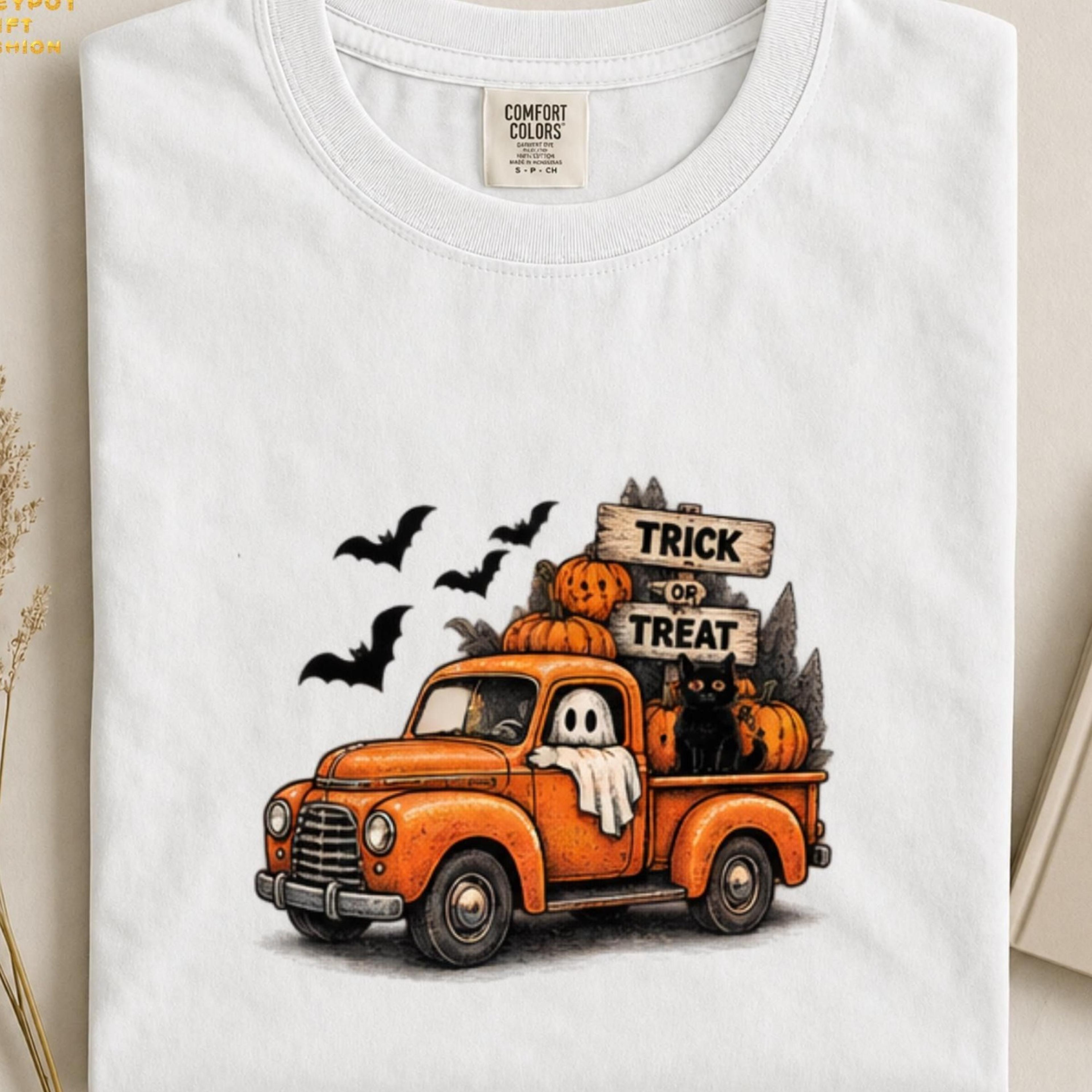 vintage halloween truck shirt, trick or treat ghost tee, black cat pumpkin