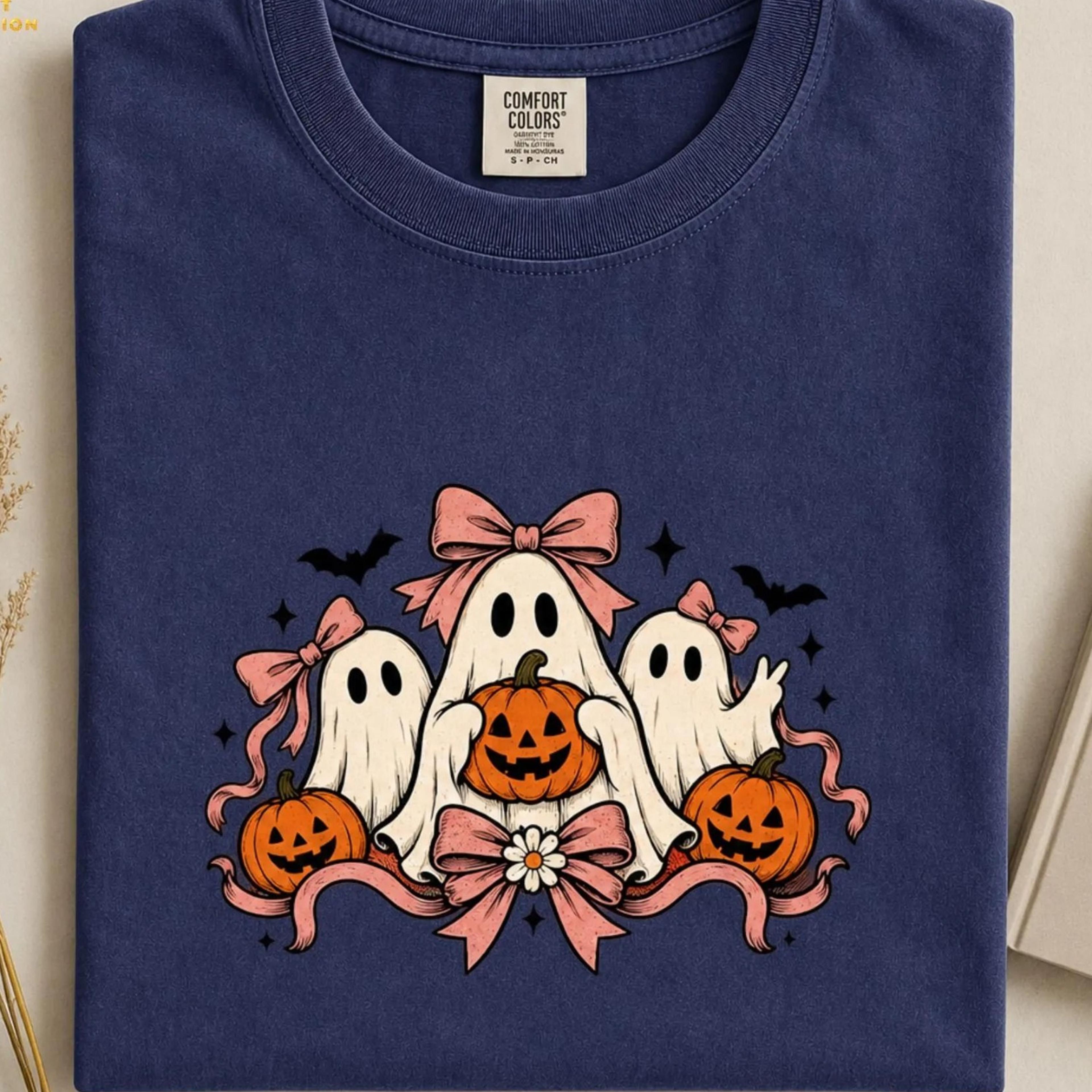 cute ghost halloween shirt, halloween tee, coquette ghost shirt, pink bow halloween tee, pumpkin ghost