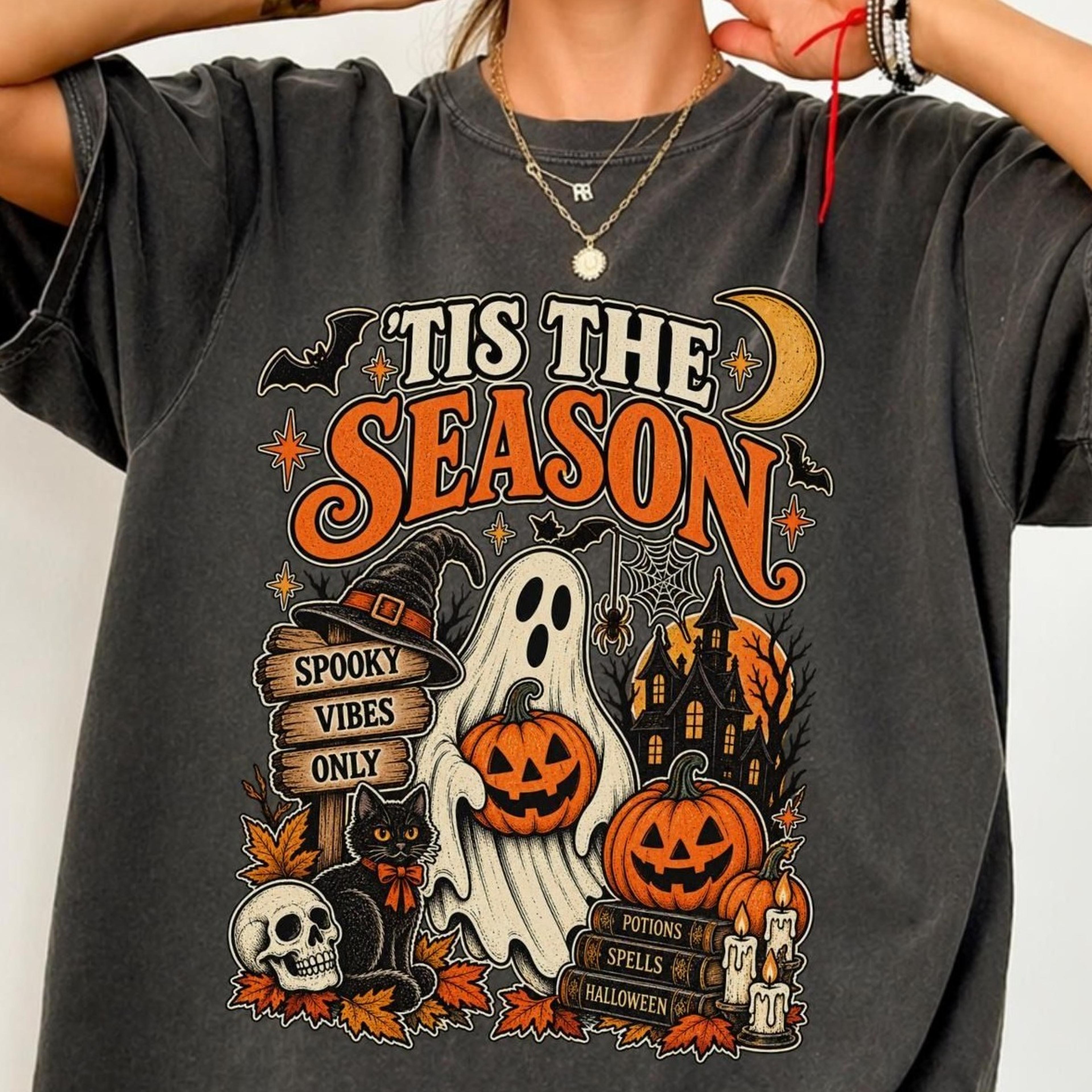 vintage halloween shirt, retro 'tis the season skeleton pumpkin ghost halloween shirt haunted