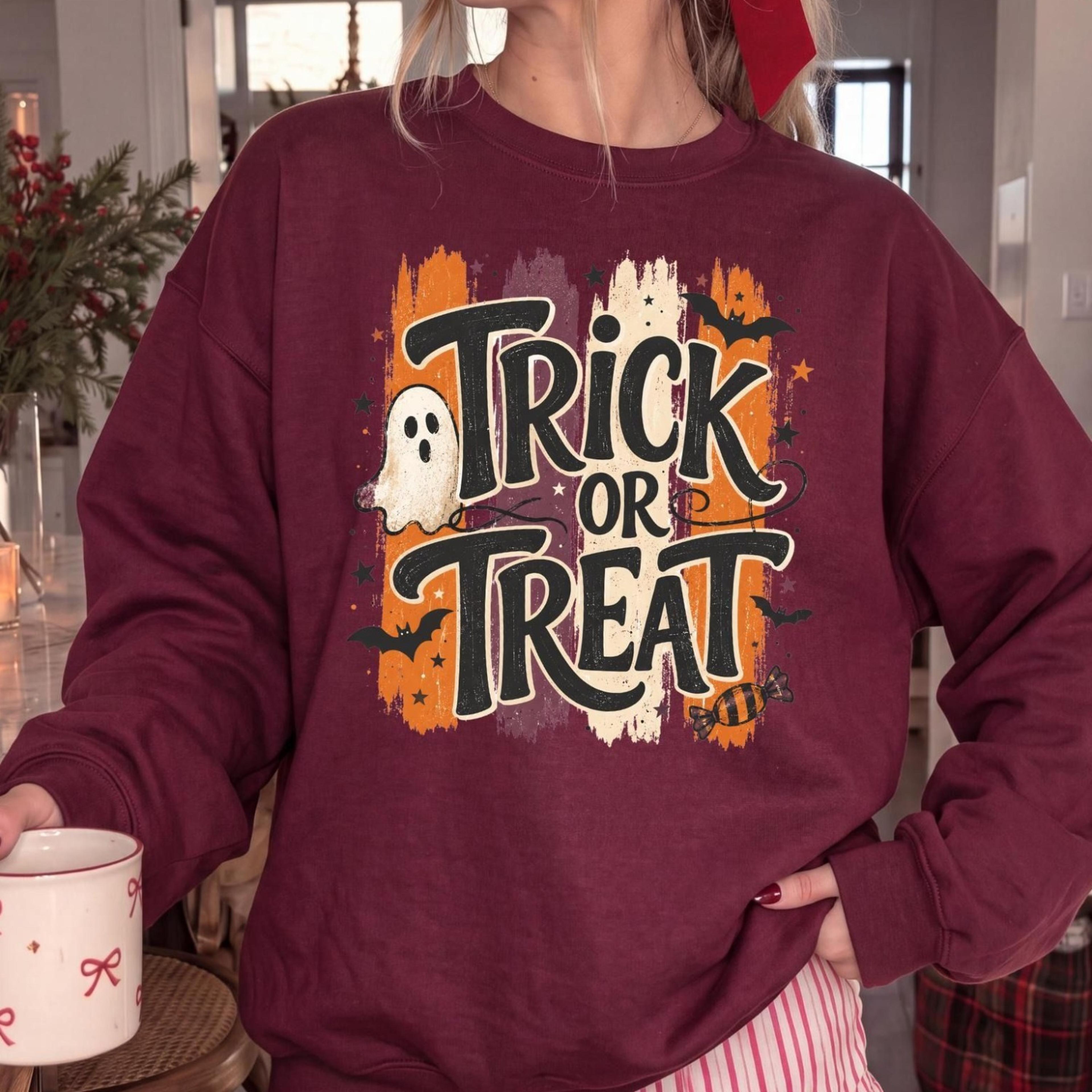 trick or treat sweatshirt, retro halloween hoodie, spooky season crewneck, vintage ghost halloween sweater