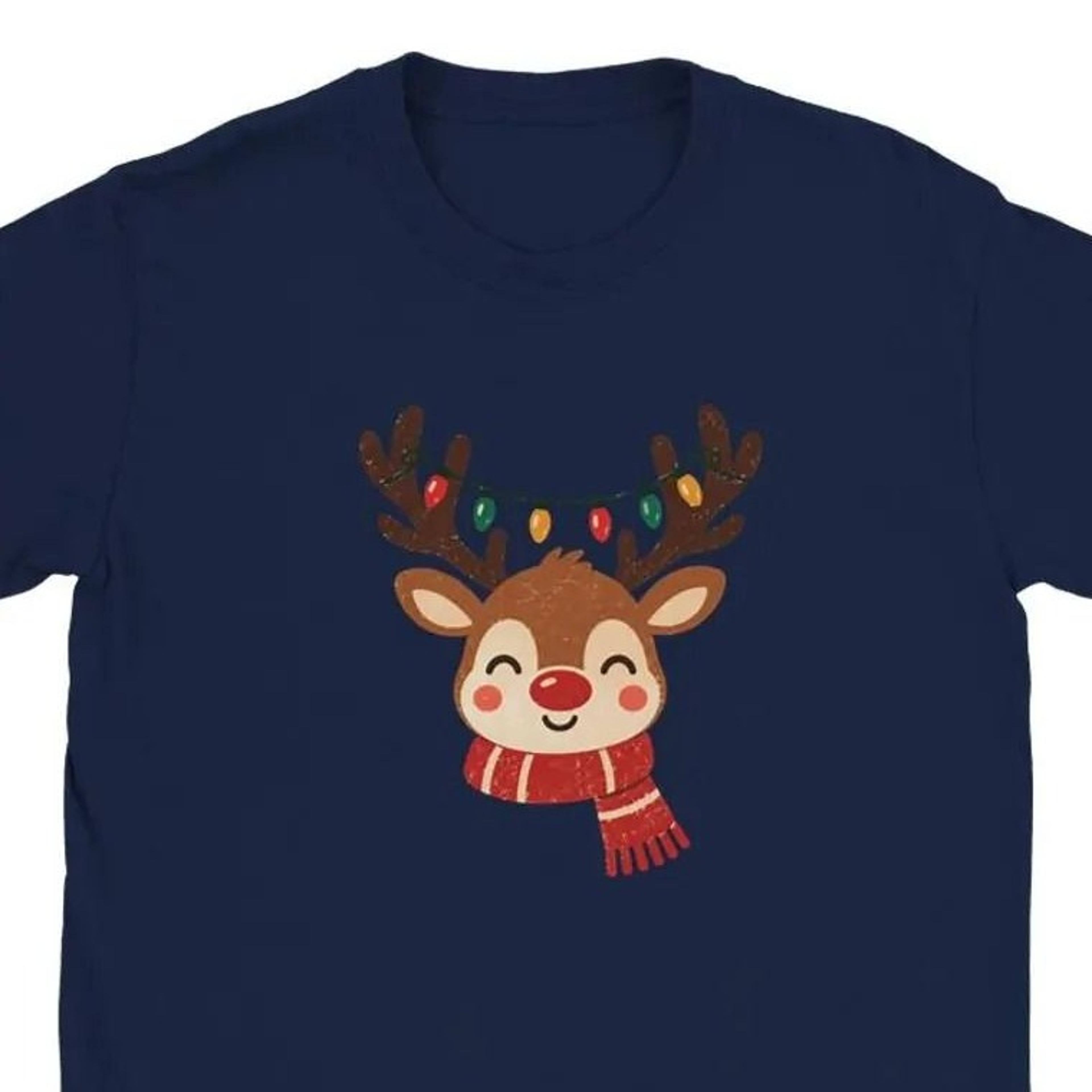 christmas t-shirt – festive vintage reindeer design with fairy lights & scarf for the advent season