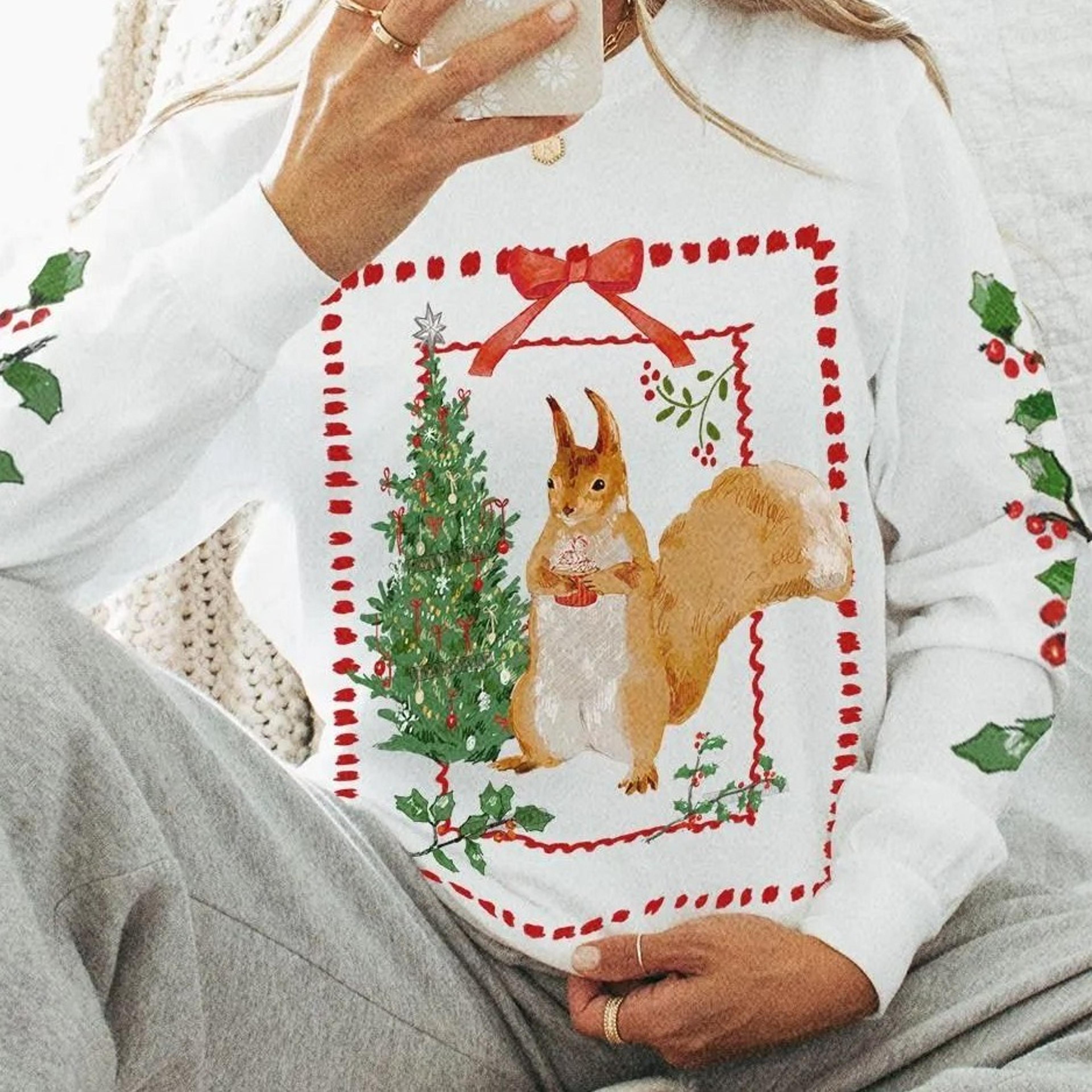 cottagecore christmas long sleeve shirt, holly sleeve print squirrel tee, cozy holiday graphic tee,