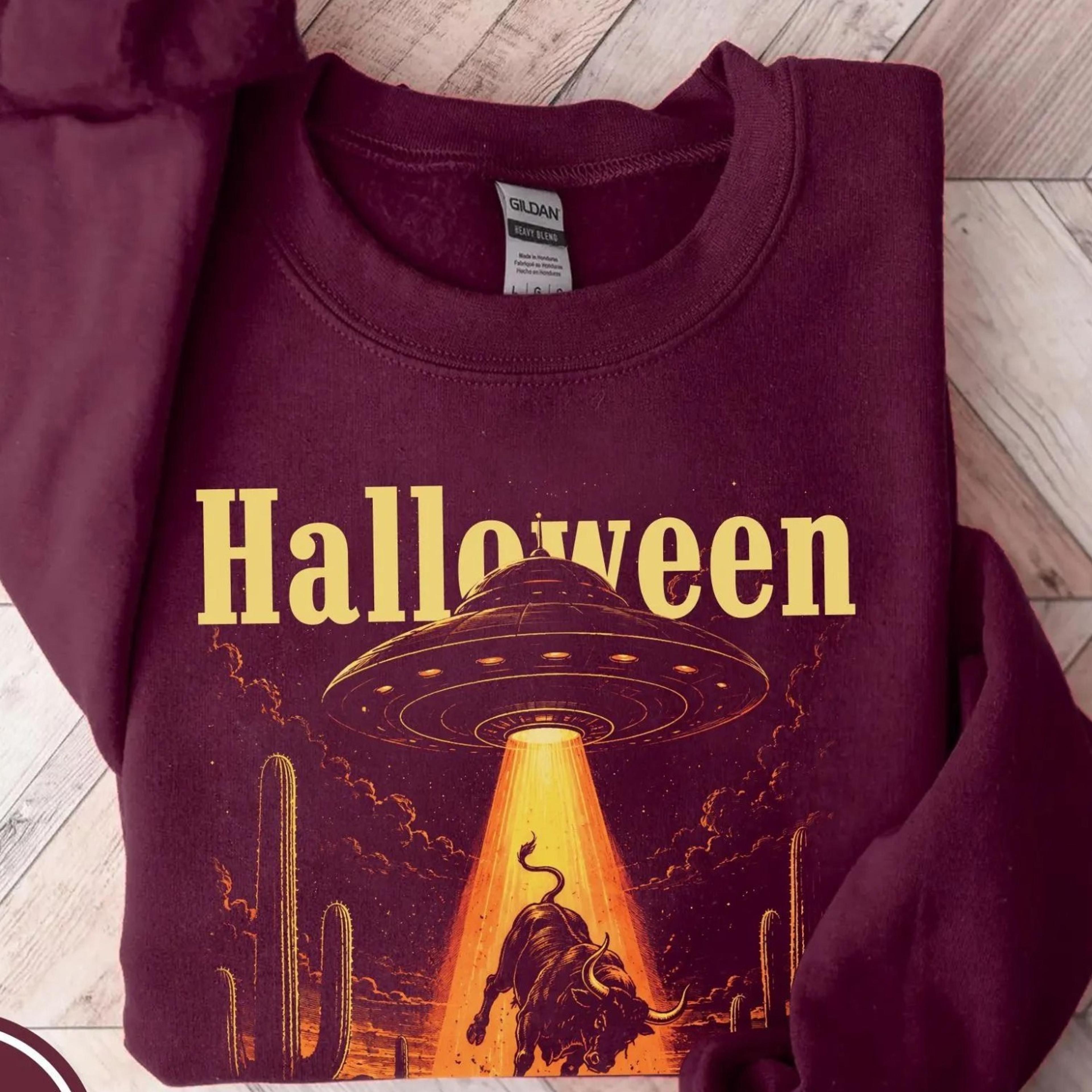 vintage halloween alien shirt, retro ufo cow abduction tee, spooky season graphic shirt, funny halloween