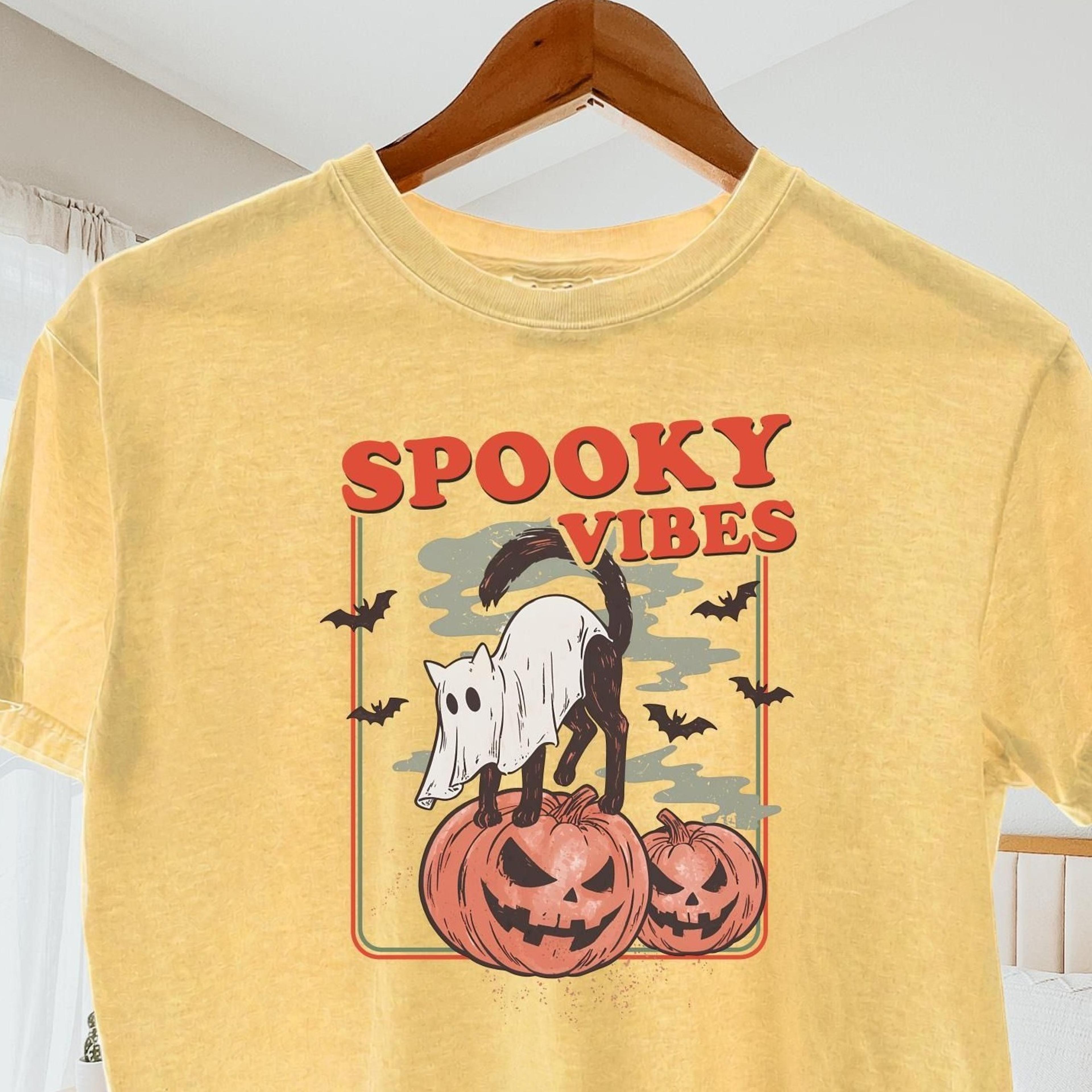 spooky vibes halloween black cat t-shirt, cute black cat ghost halloween tee, pumpkin season sweatshirt, halloween fall