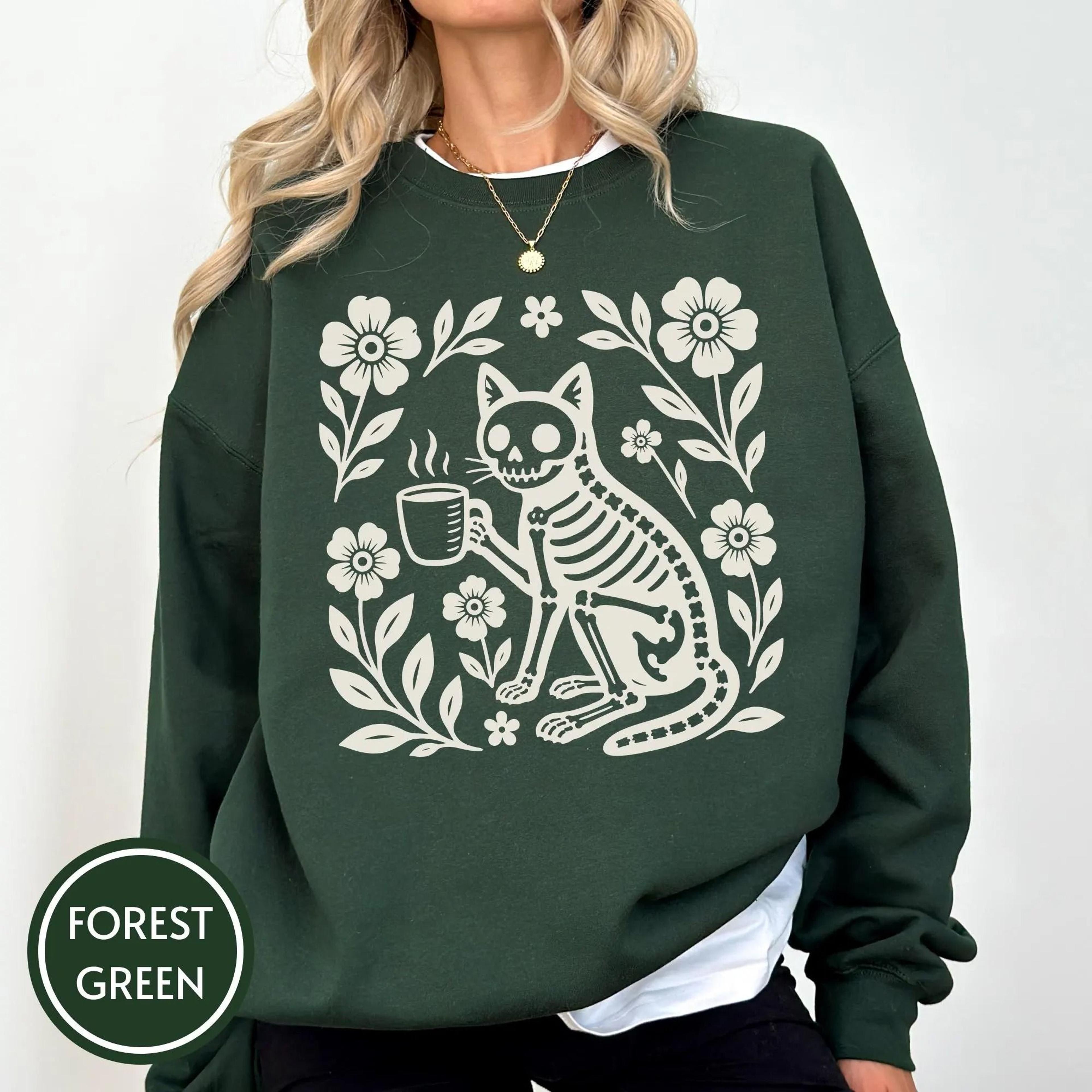 boho skeleton cat halloween t-shirt, gothic cottagecore cat cofee lovers graphic tee, dark aesthetic oversize tee, women
